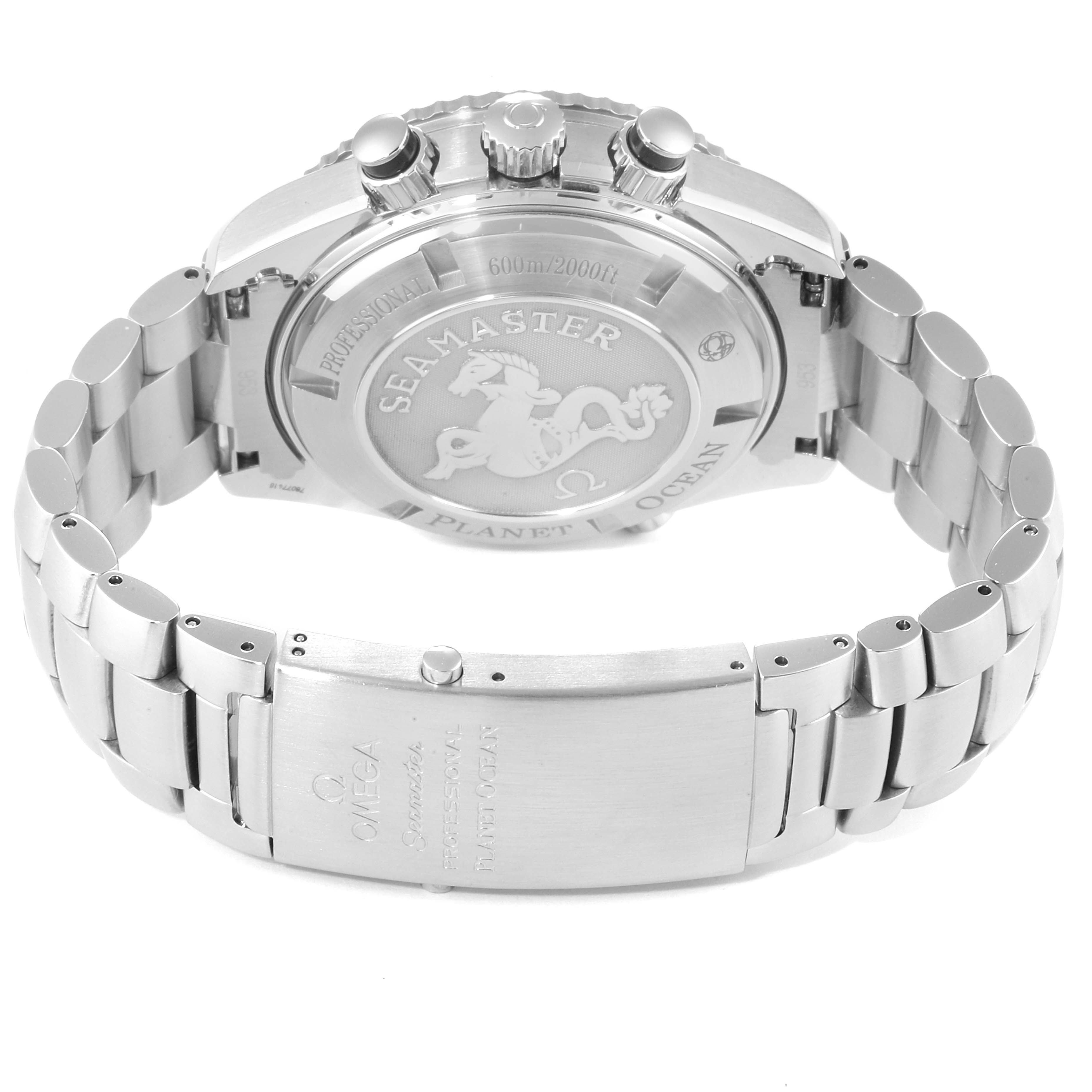 The image shows the back case and bracelet of the Omega Seamaster 2210.51.00 Men
s Stainless Steel Black Dial 2210.51.00 Men
s Stainless Steel Black Dial watch, featuring the clasp and engraved case back.