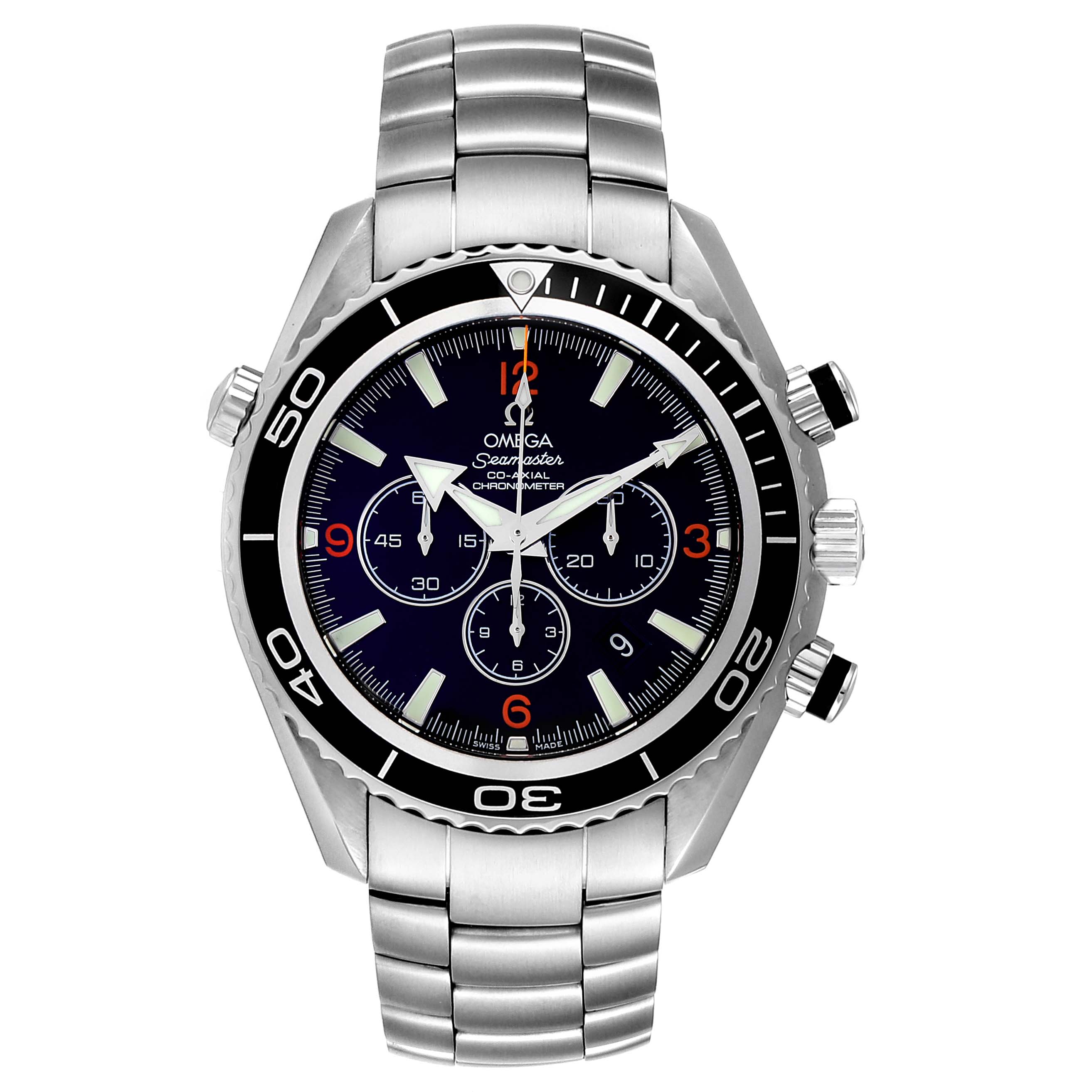 The image shows a frontal view of the Omega Seamaster 2210.51.00 Men
s Stainless Steel Black Dial 2210.51.00 Men
s Stainless Steel Black Dial watch, highlighting its face, bezel, and stainless steel bracelet.