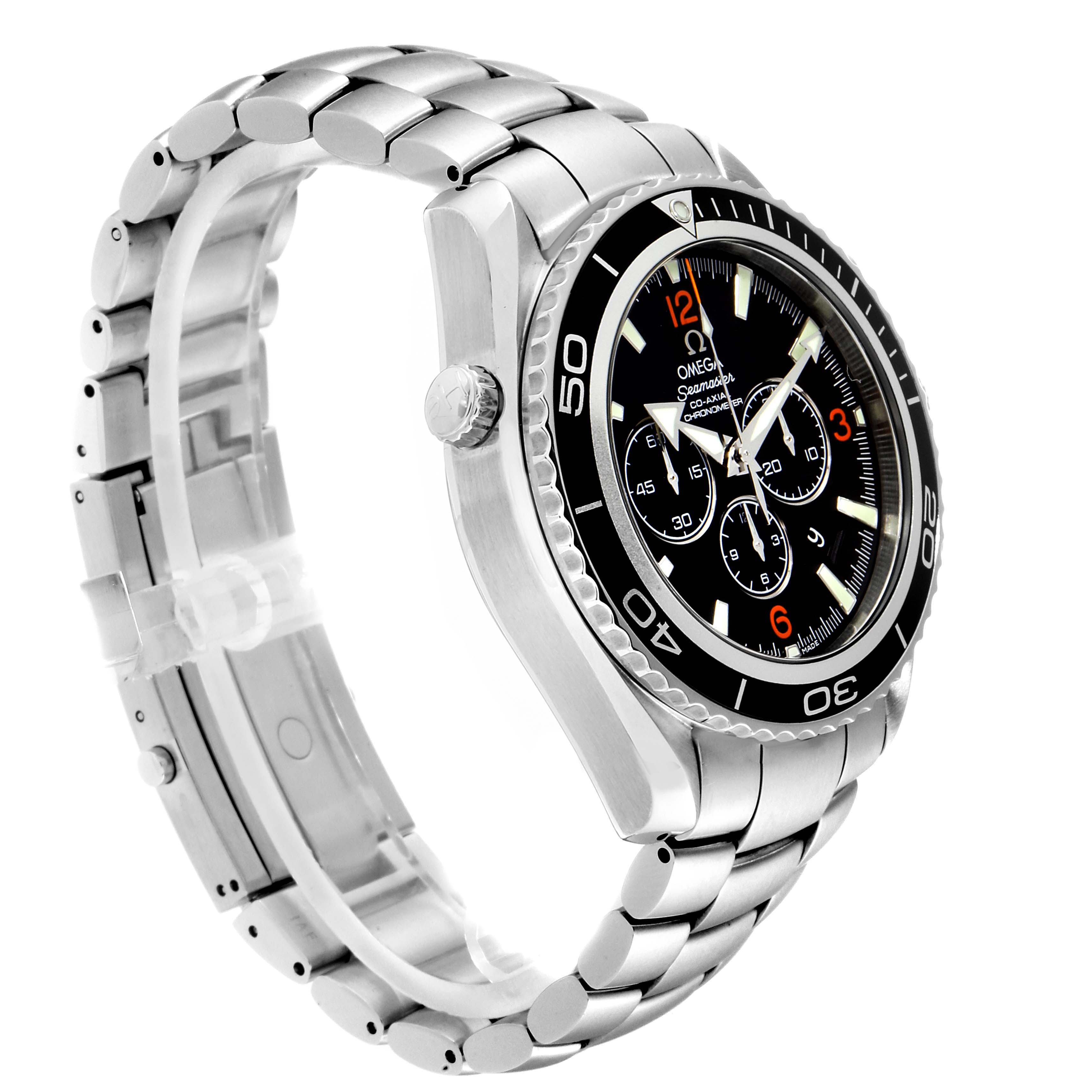 The image shows an Omega Seamaster 2210.51.00 Men
s Stainless Steel Black Dial 2210.51.00 Men
s Stainless Steel Black Dial watch at a three-quarter angle, highlighting its stainless steel bracelet, bezel, and dial.