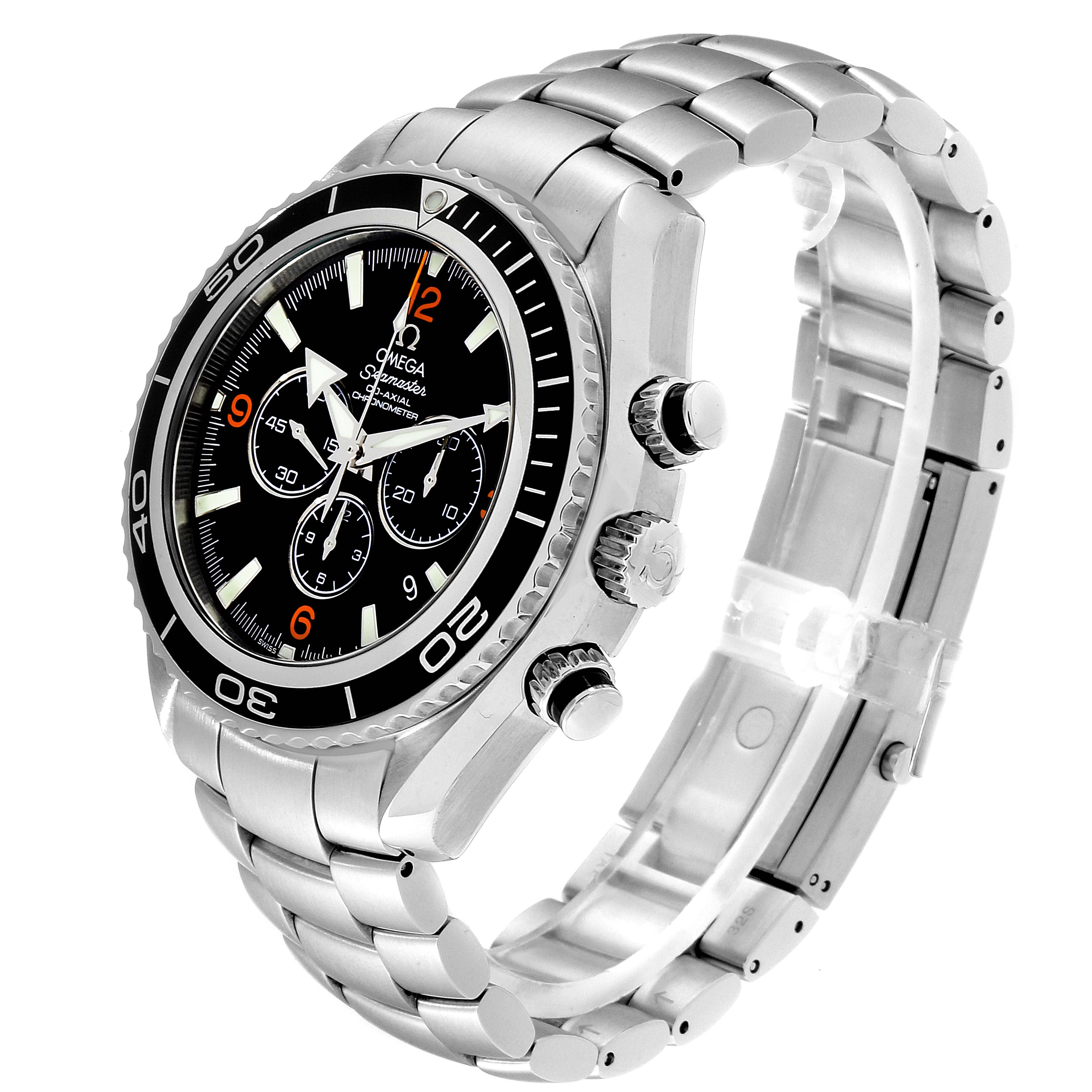 The Omega Seamaster 2210.51.00 Men
s Stainless Steel Black Dial 2210.51.00 Men
s Stainless Steel Black Dial watch is shown at an angle highlighting the face, bezel, and metal strap.