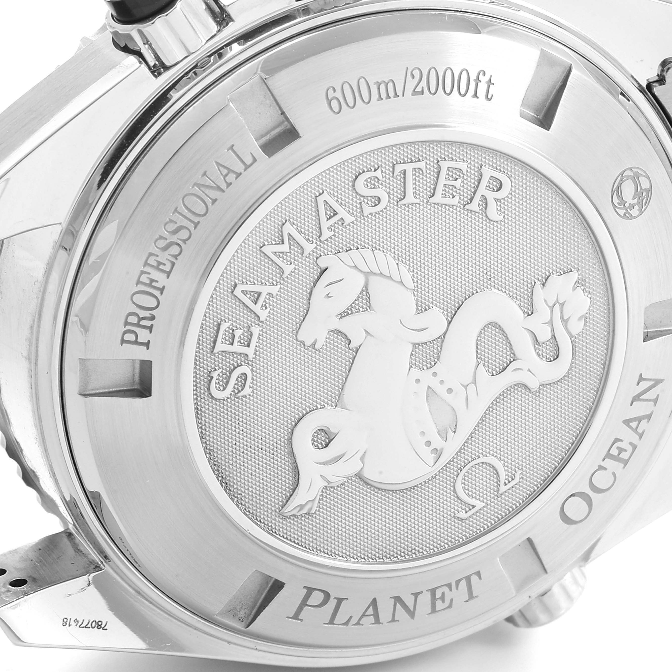 The image shows the back case of an Omega Seamaster 2210.51.00 Men
s Stainless Steel Black Dial 2210.51.00 Men
s Stainless Steel Black Dial Planet Ocean, highlighting the engraved logo and specifications.