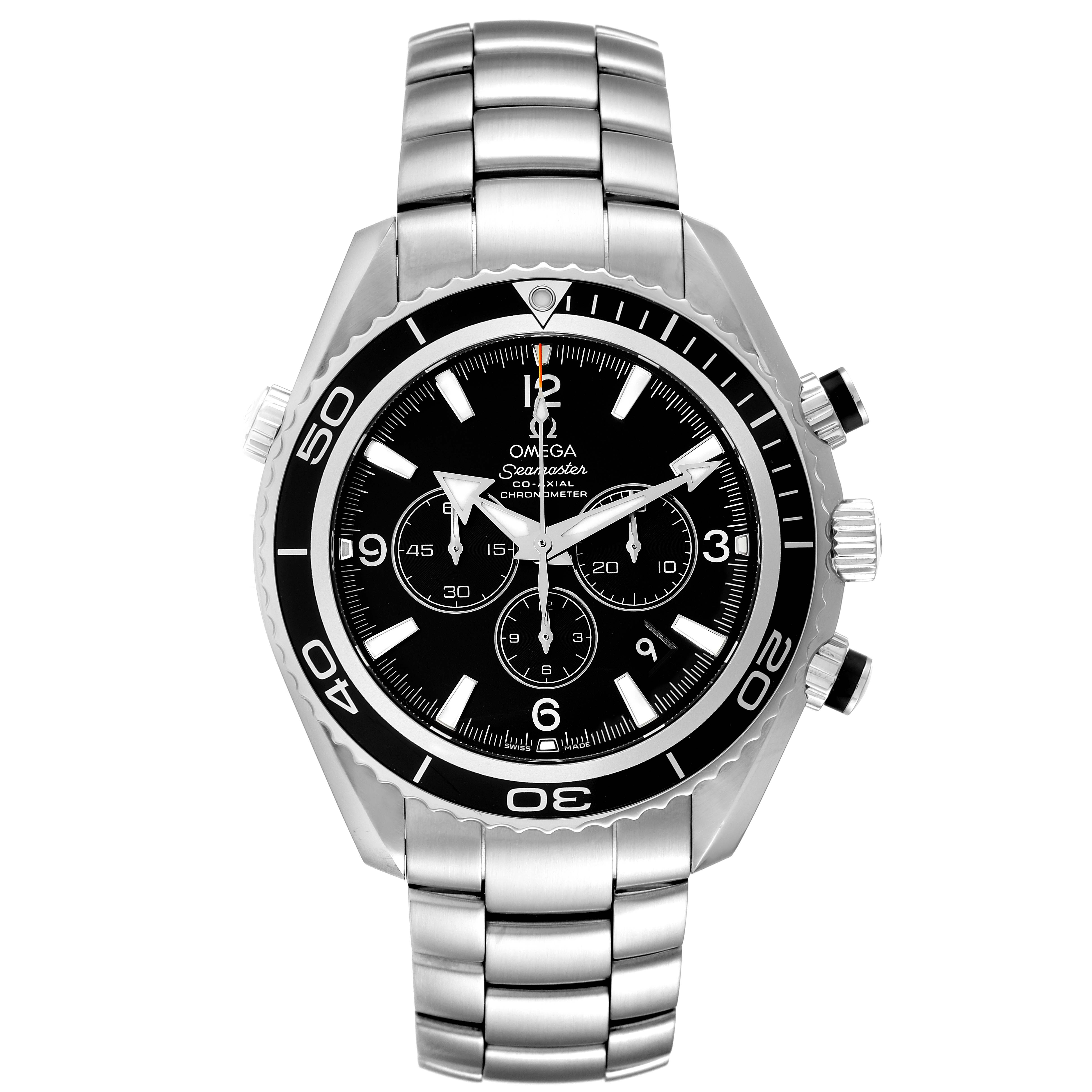 The image displays a front-angle view of the Omega Planet Ocean 2210.50.00 Men
s Stainless Steel Black Dial 2210.50.00 Men
s Stainless Steel Black Dial model watch, showcasing its face and stainless steel band.