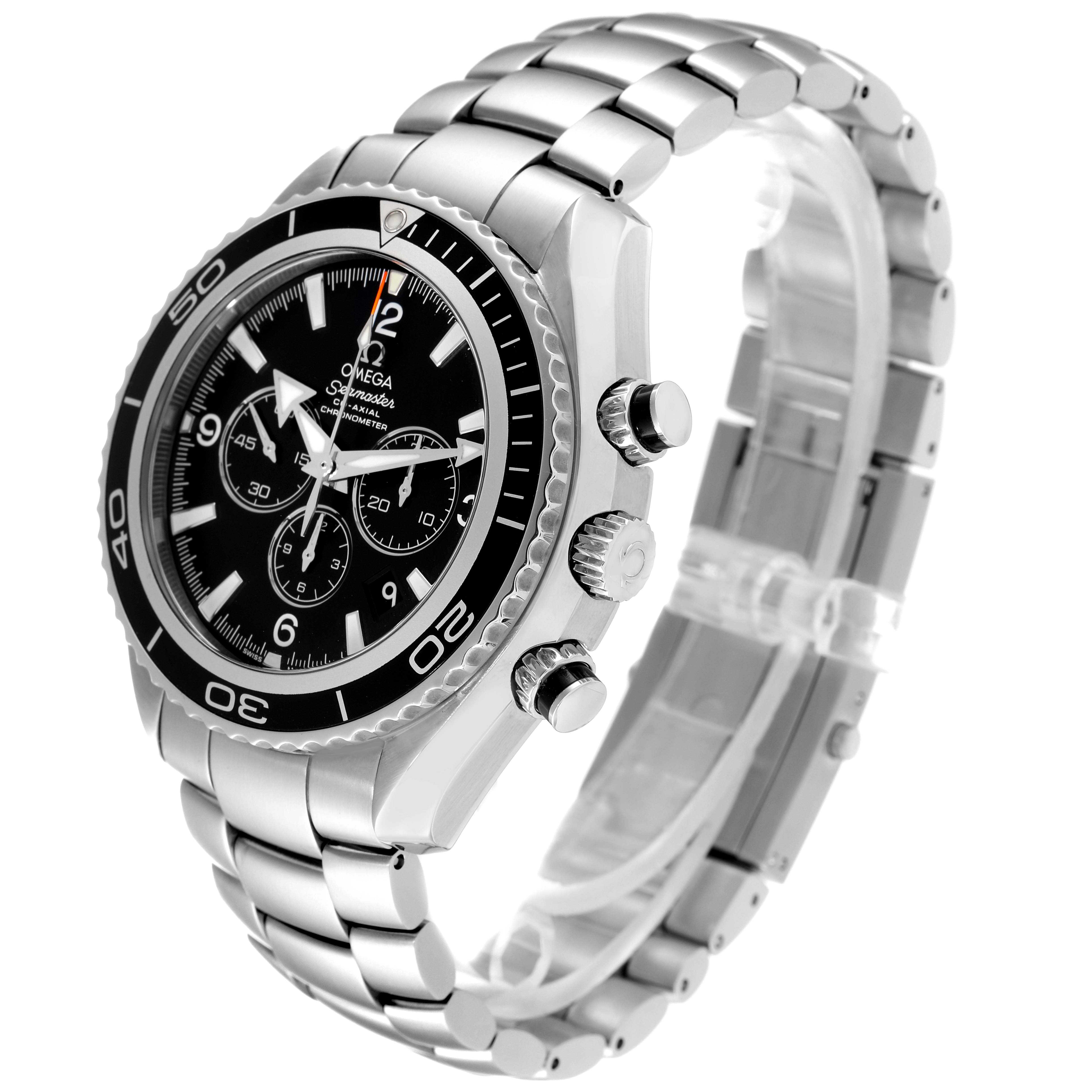 This image displays the Omega Planet Ocean 2210.50.00 Men
s Stainless Steel Black Dial 2210.50.00 Men
s Stainless Steel Black Dial watch at a high angle, showing the face, bezel, crown, and metal bracelet.