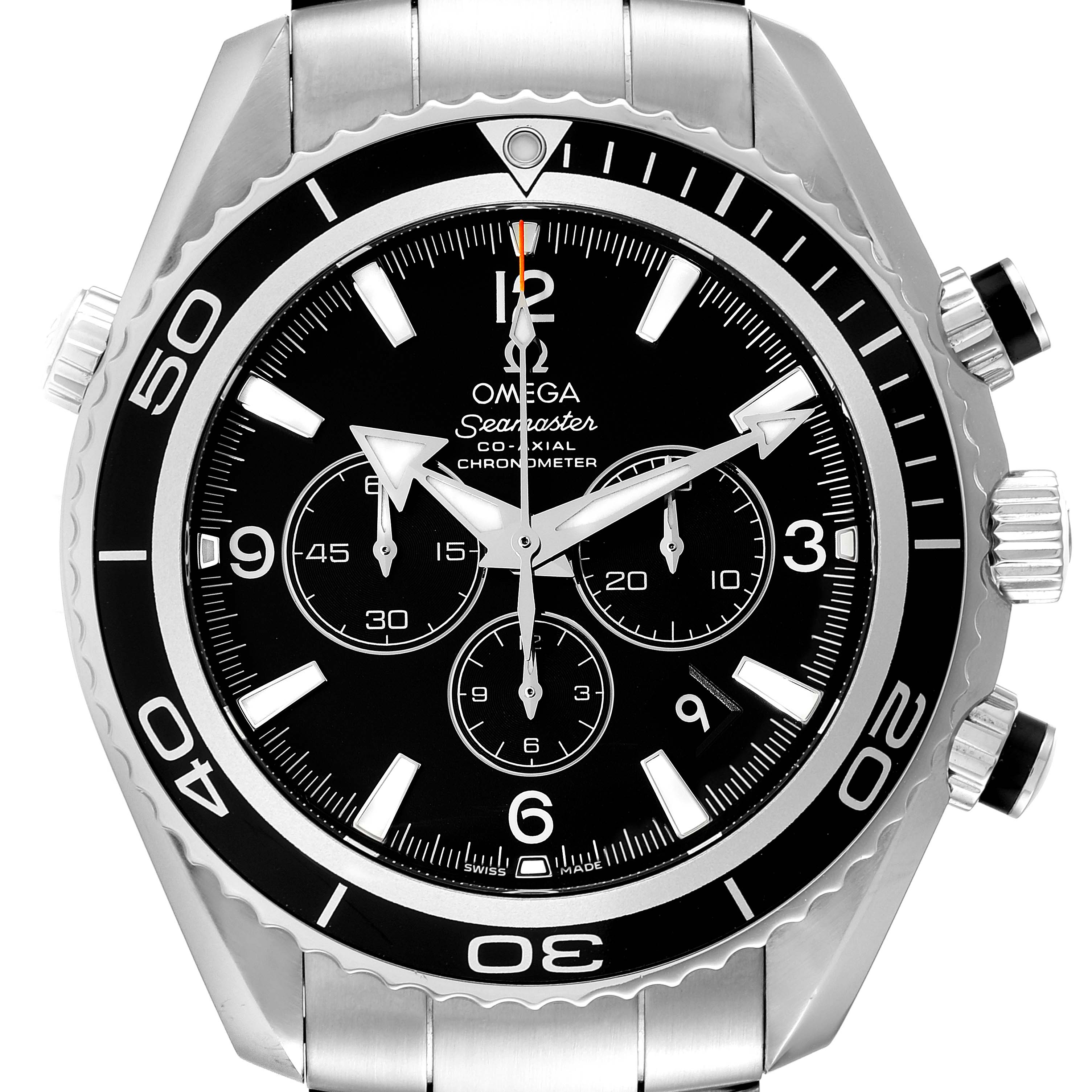 Front view of the Omega Planet Ocean 2210.50.00 Men
s Stainless Steel Black Dial 2210.50.00 Men
s Stainless Steel Black Dial watch showcasing the dial, bezel, and stainless steel case.