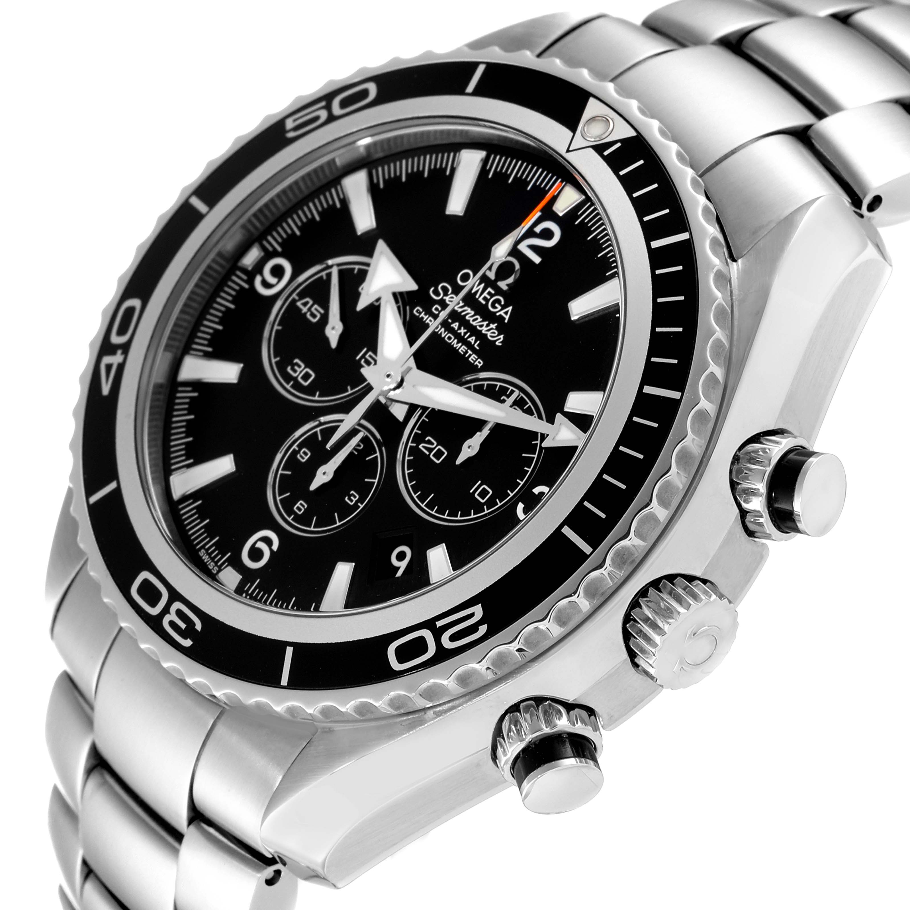 The image shows an angled view of an Omega Planet Ocean 2210.50.00 Men
s Stainless Steel Black Dial 2210.50.00 Men
s Stainless Steel Black Dial watch, highlighting the bezel, dial, crown, and stainless steel bracelet.