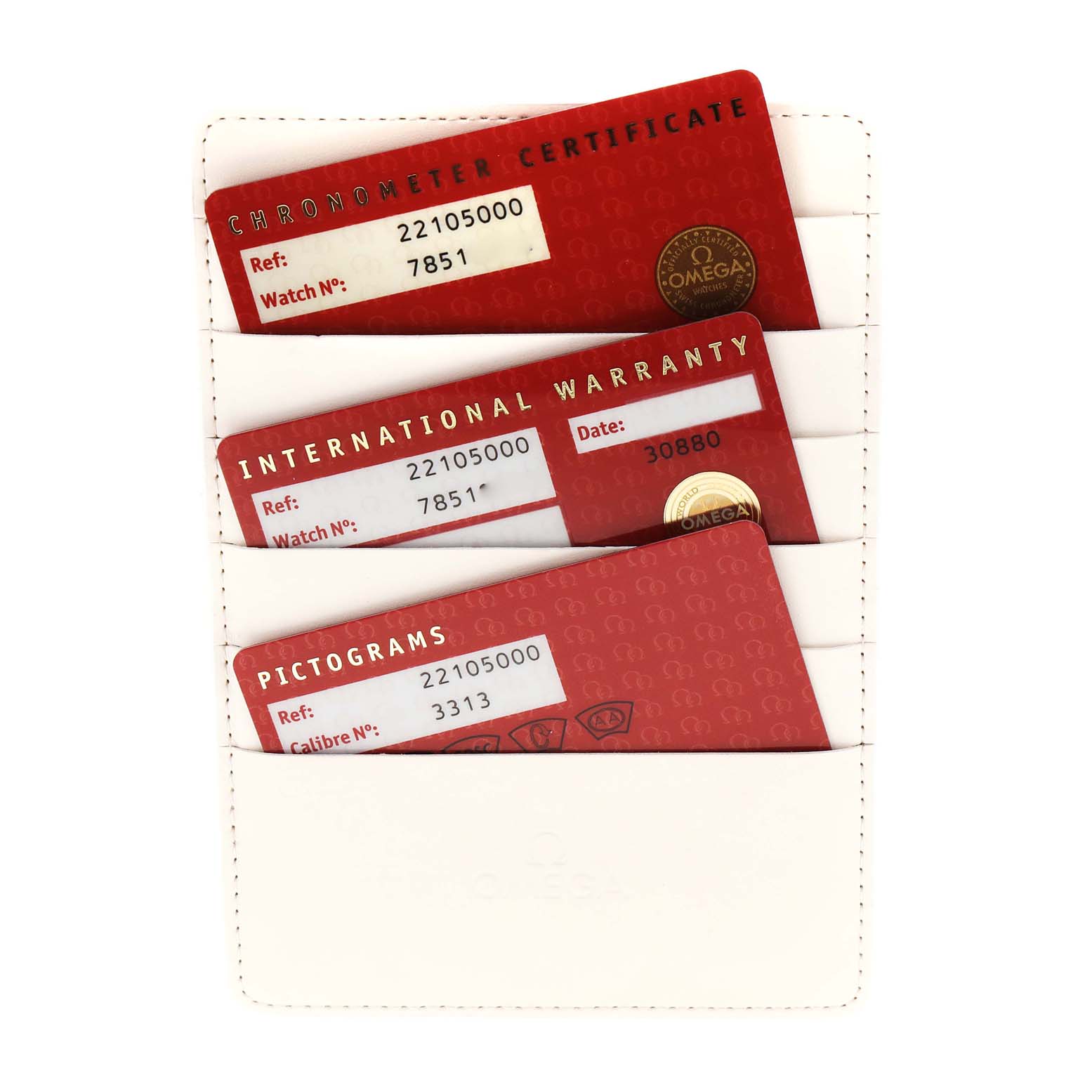 The image shows red Warranty, Pictogram, and Chronometer cards for the Omega Planet Ocean 2210.50.00 Men
s Stainless Steel Black Dial 2210.50.00 Men
s Stainless Steel Black Dial model in a white cardholder.