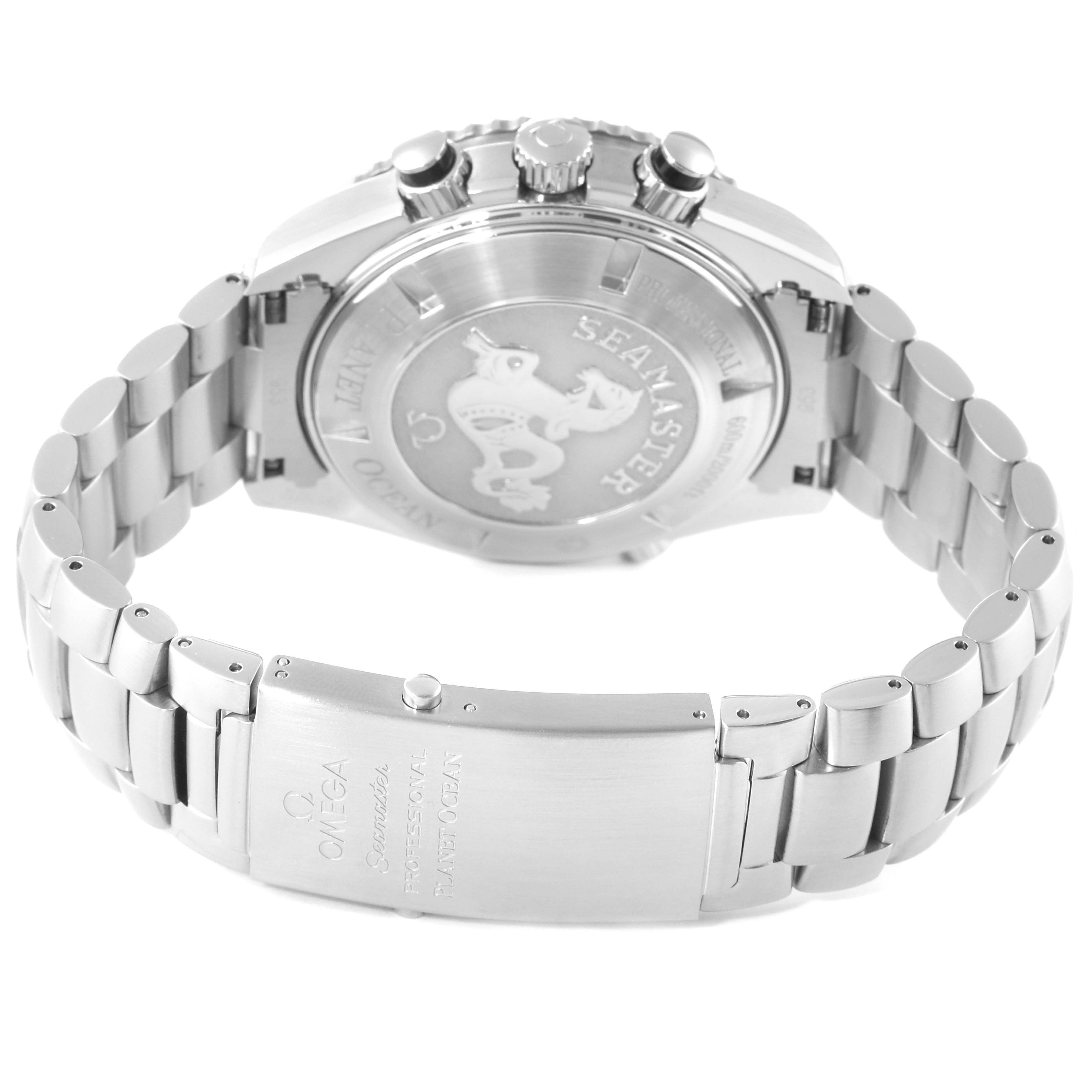 The image shows the back case, buttons, crown, and bracelet of the Omega Seamaster Planet Ocean watch.