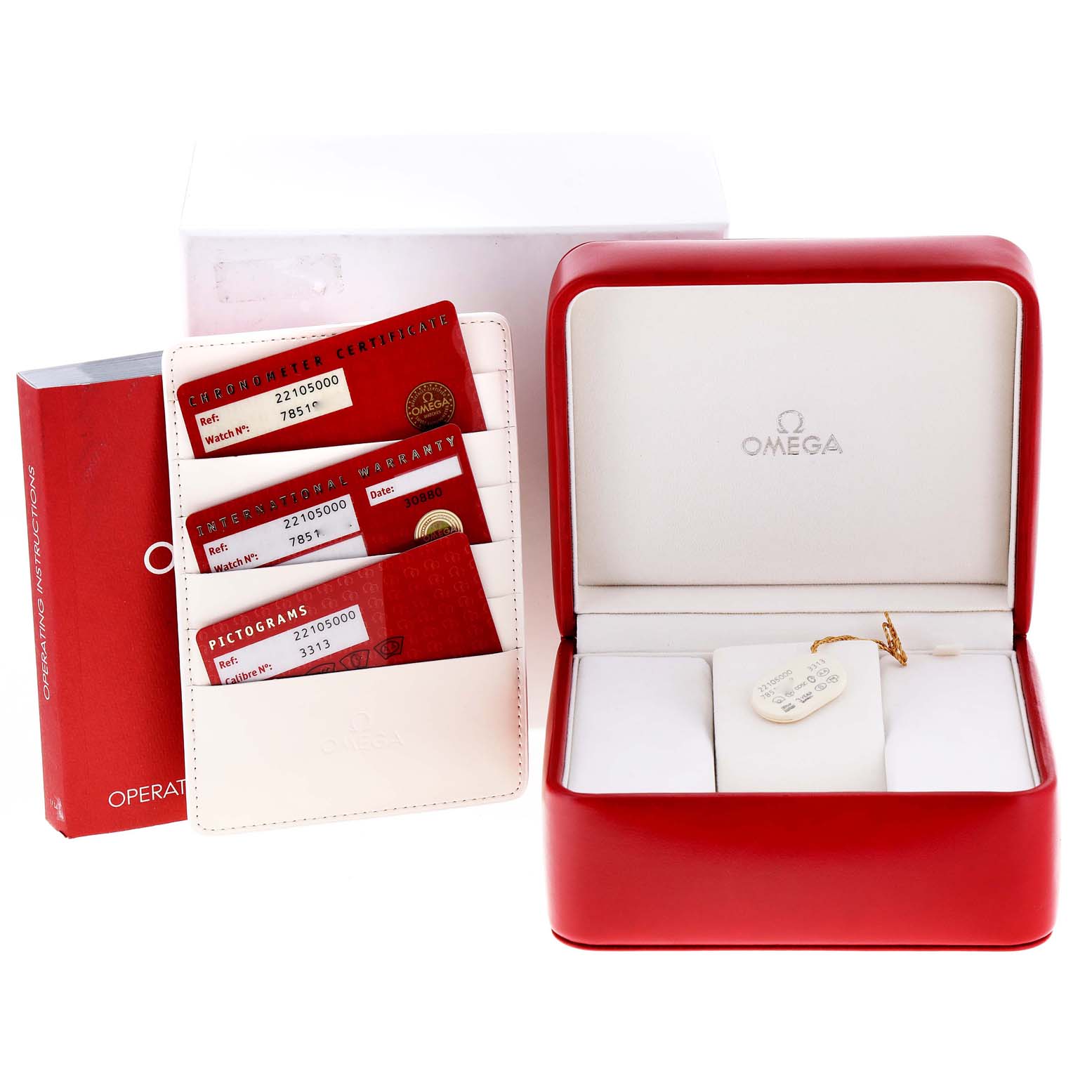 The image shows the box, operating instructions, warranty cards, and tags for the Omega Planet Ocean 2210.50.00 Men
s Stainless Steel Black Dial 2210.50.00 Men
s Stainless Steel Black Dial watch.