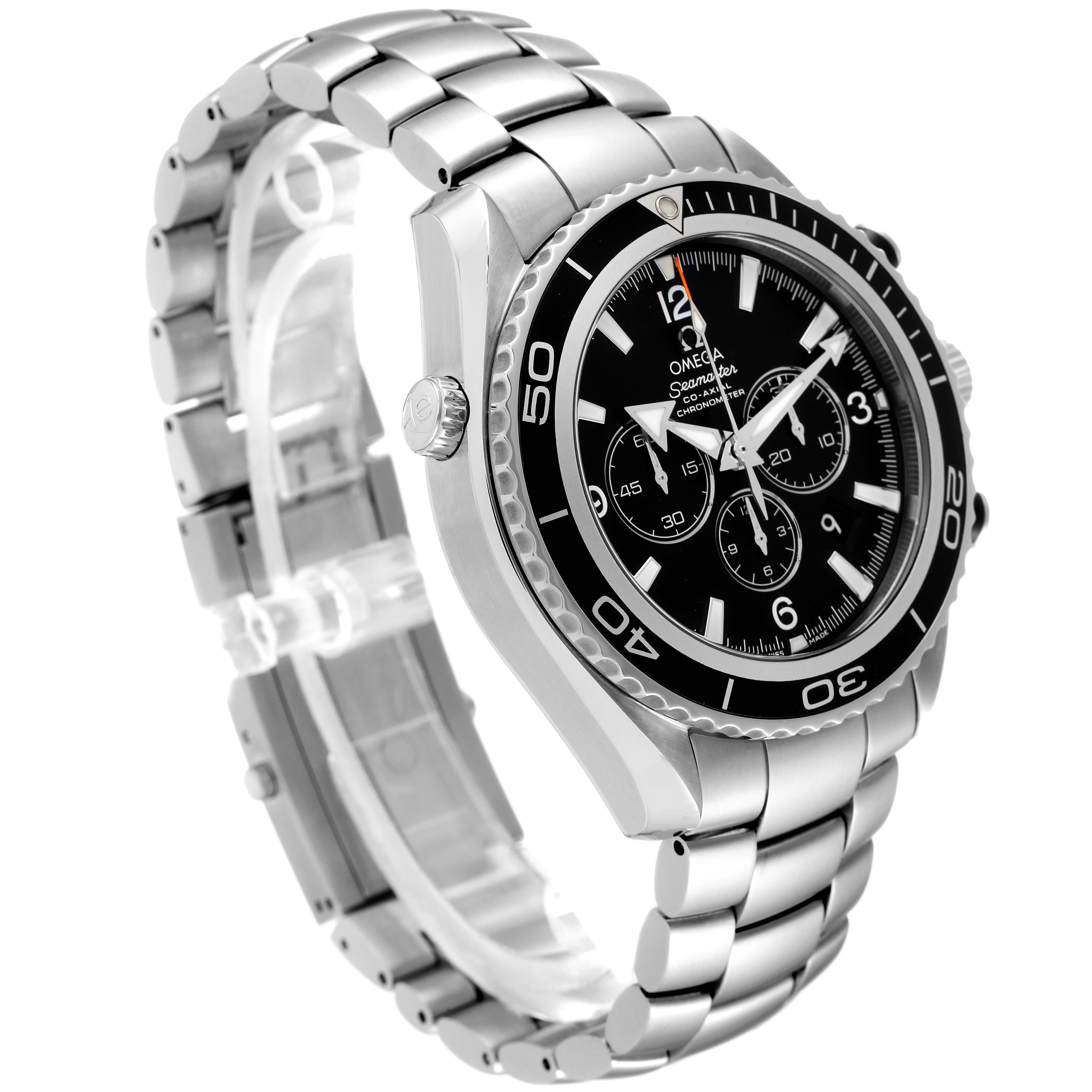 The image shows an Omega Planet Ocean 2210.50.00 Men
s Stainless Steel Black Dial 2210.50.00 Men
s Stainless Steel Black Dial watch at a three-quarter angle, highlighting the bracelet, bezel, and dial.