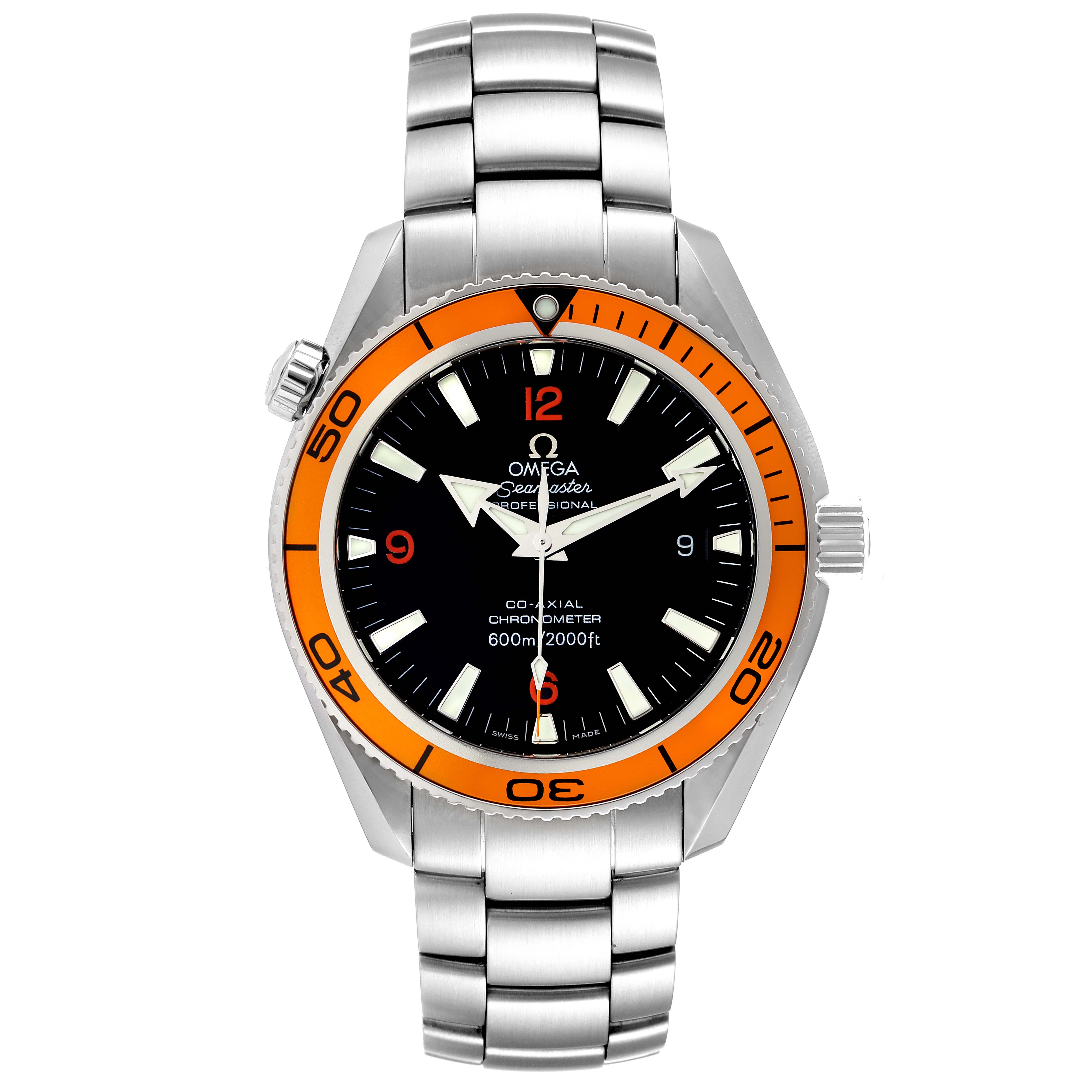 The image shows a front angle view of an Omega Planet Ocean 2209.50.00 Men
s Stainless Steel Black Dial 2209.50.00 Men
s Stainless Steel Black Dial watch with an orange bezel and stainless steel bracelet.