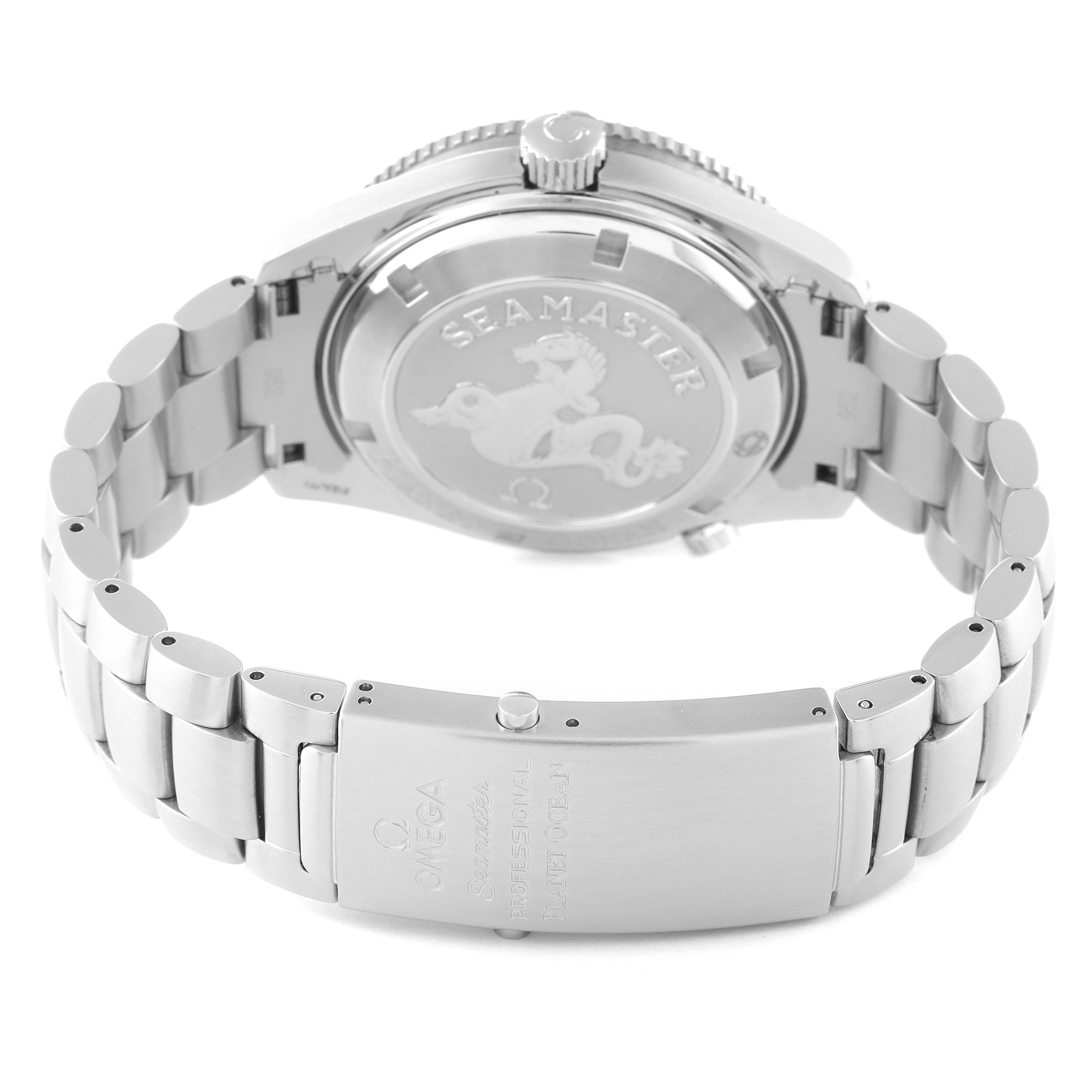 The image shows the back view of the Omega Planet Ocean 2209.50.00 Men
s Stainless Steel Black Dial 2209.50.00 Men
s Stainless Steel Black Dial Seamaster watch, highlighting its stainless steel case and bracelet.