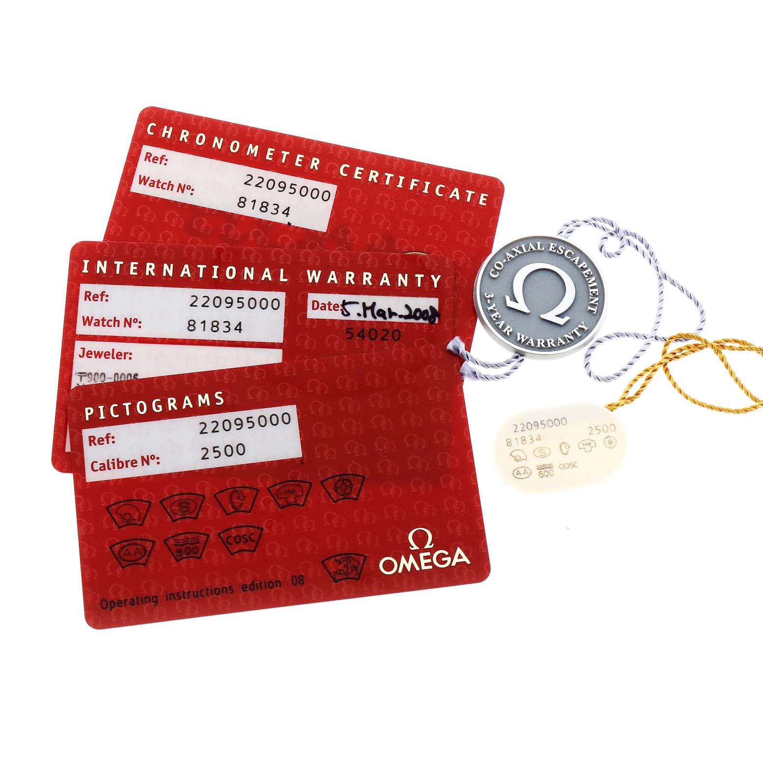 The image shows the warranty cards and certification tags for an Omega Planet Ocean 2209.50.00 Men
s Stainless Steel Black Dial 2209.50.00 Men
s Stainless Steel Black Dial watch.