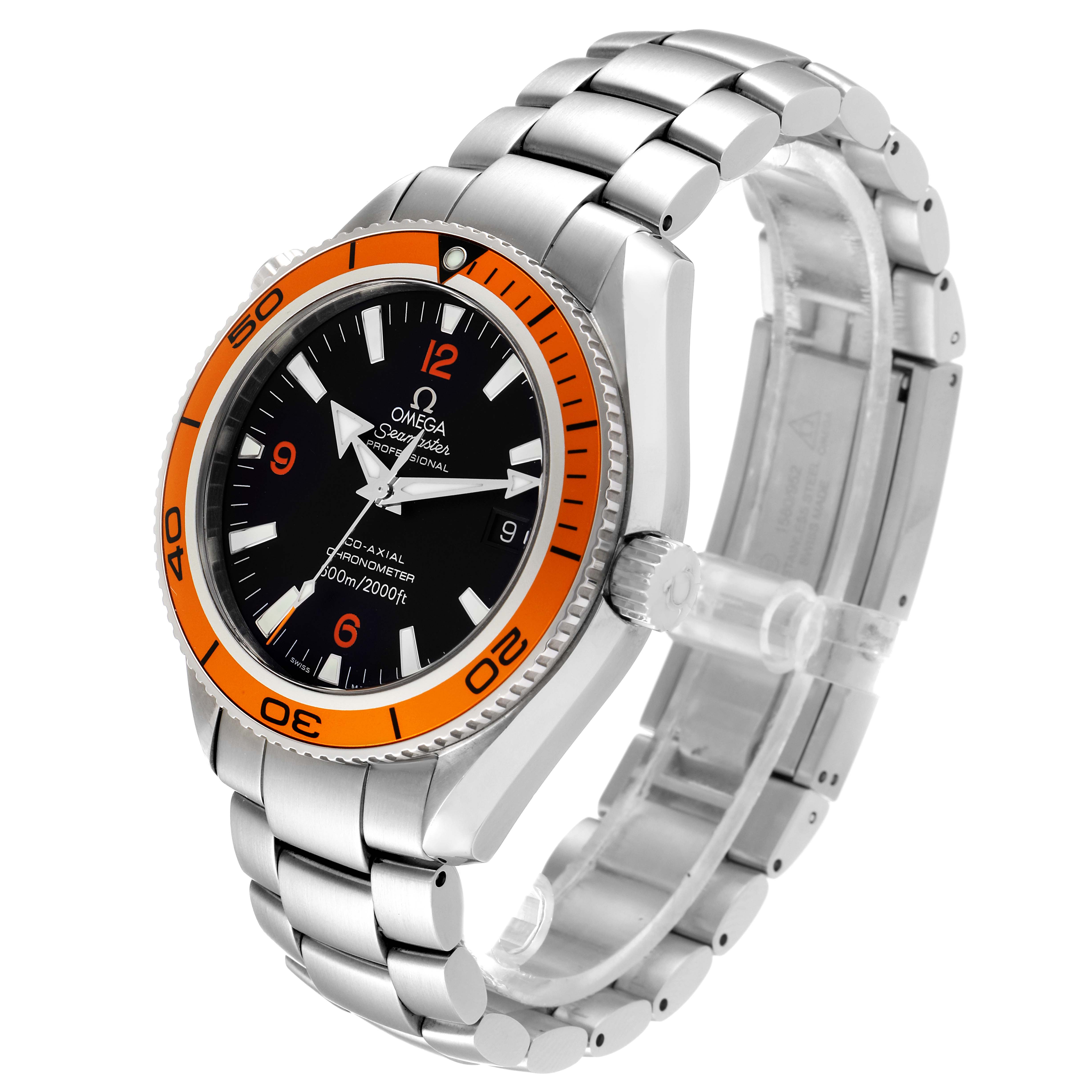 The Omega Planet Ocean 2209.50.00 Men
s Stainless Steel Black Dial 2209.50.00 Men
s Stainless Steel Black Dial model is shown at a slightly tilted angle, showcasing its orange bezel, black dial, and metal bracelet.