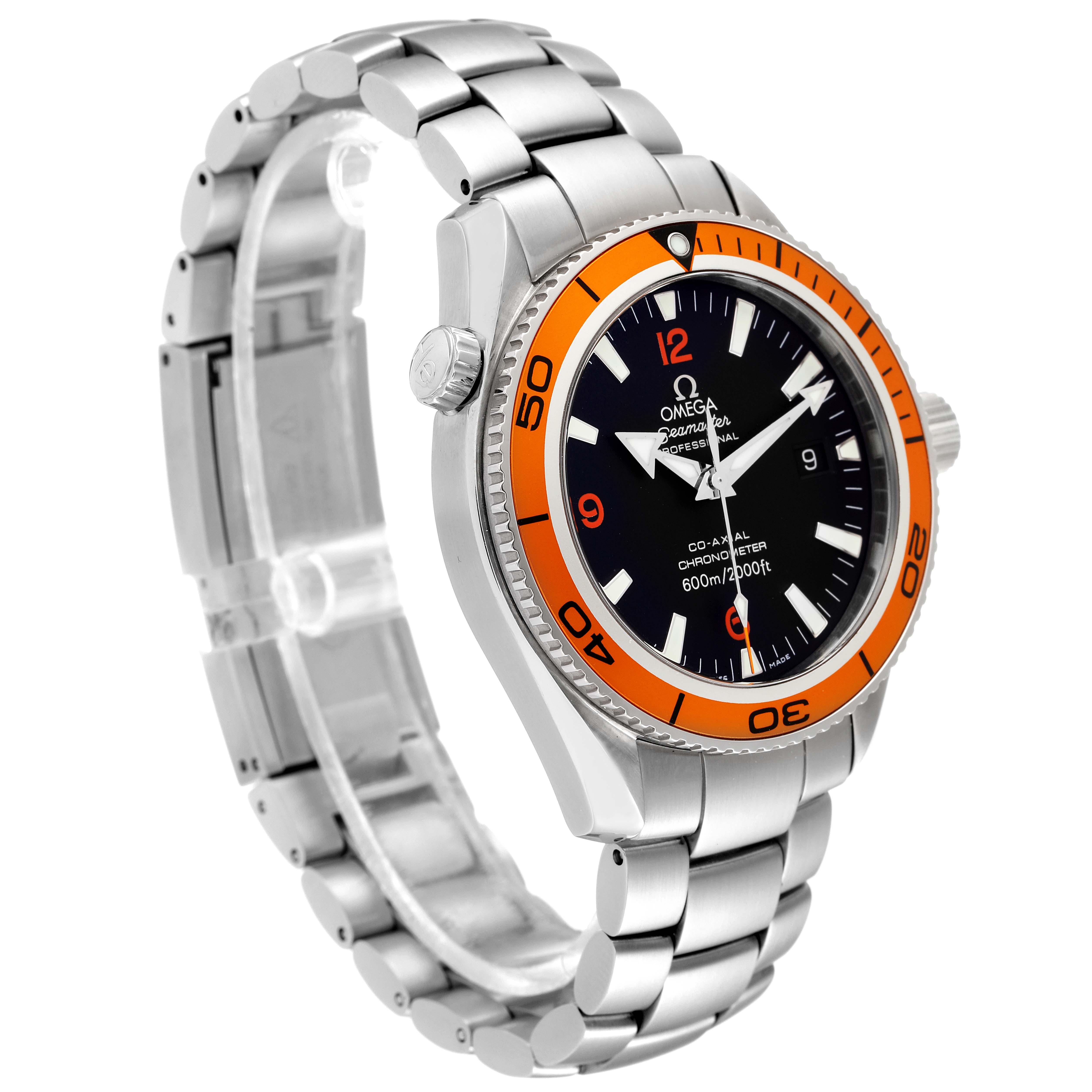 The Omega Planet Ocean 2209.50.00 Men
s Stainless Steel Black Dial 2209.50.00 Men
s Stainless Steel Black Dial watch is shown at an angle highlighting the case, bezel, bracelet, and crown.