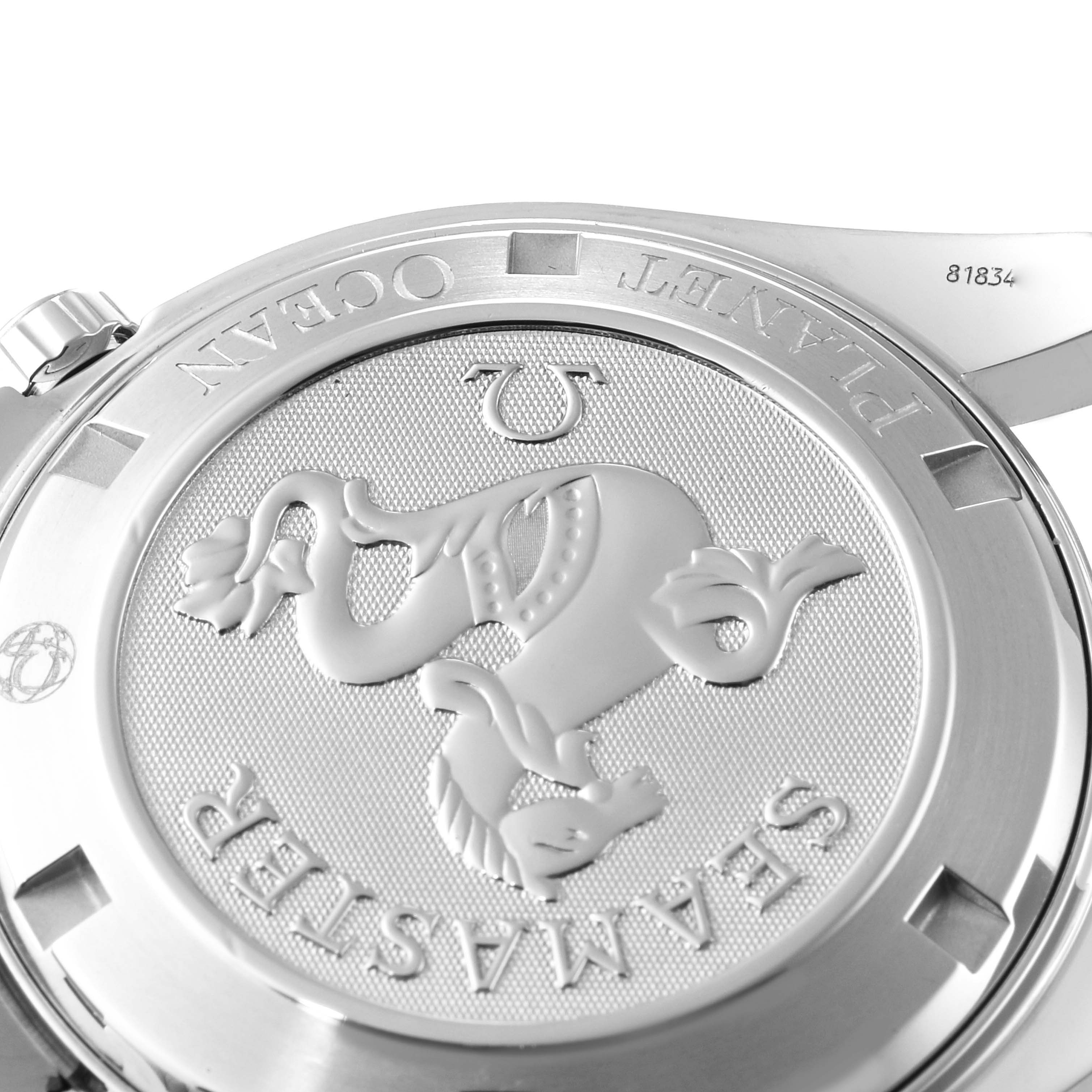 The image shows the case back of the Omega Planet Ocean 2209.50.00 Men
s Stainless Steel Black Dial 2209.50.00 Men
s Stainless Steel Black Dial watch, displaying the Seahorse emblem and "Seamaster" inscription.