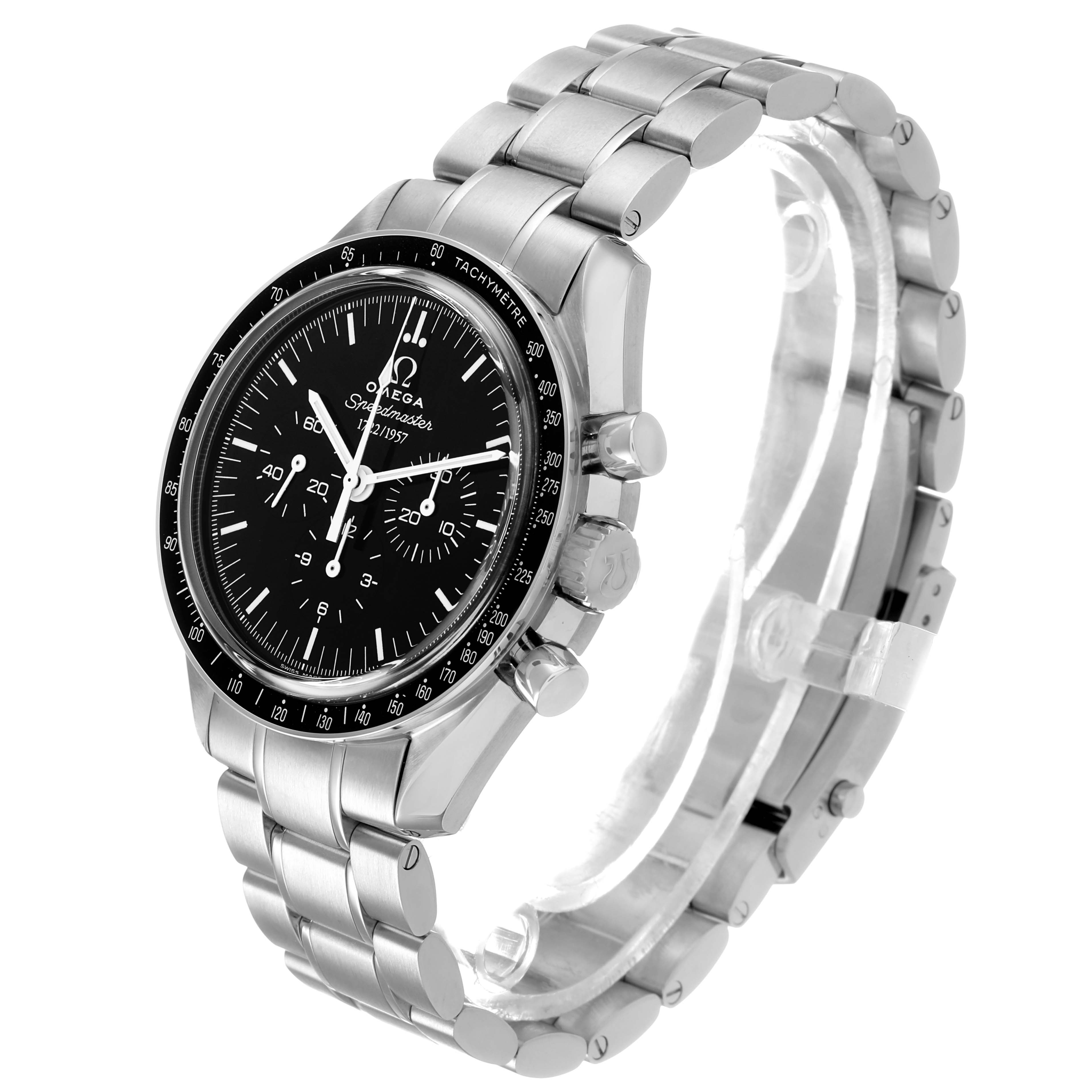 The Omega Speedmaster 311.33.42.50.01.001 Men's Stainless Steel Black Dial is shown at a three-quarter angle displaying the face, bezel, side pushers, and steel bracelet.