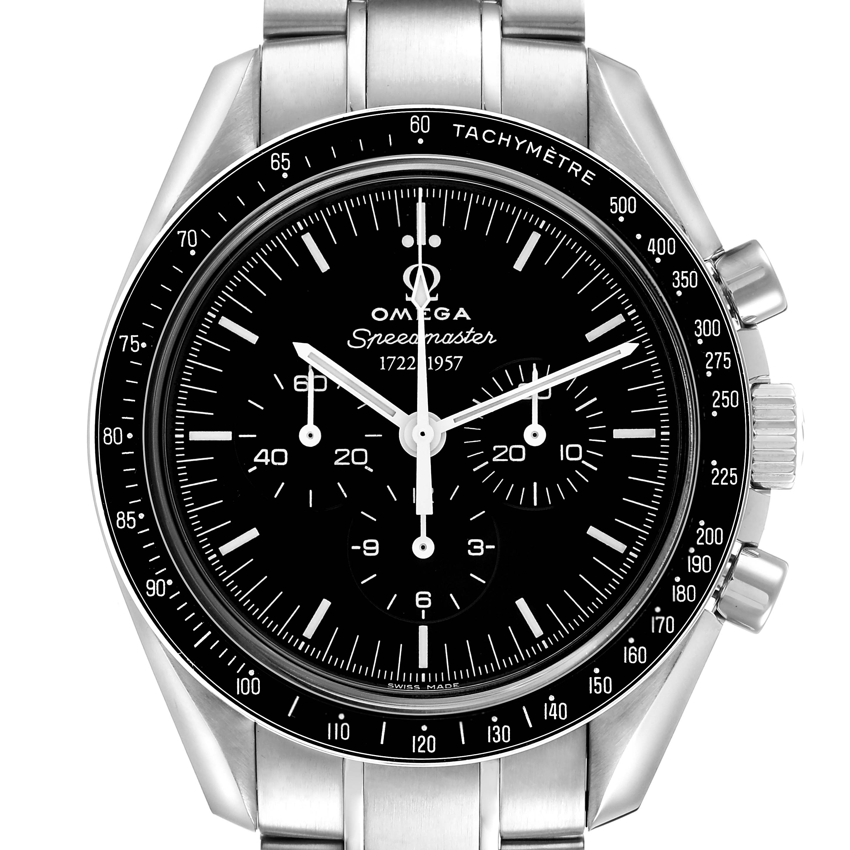 The Omega Speedmaster 311.33.42.50.01.001 Men's Stainless Steel Black Dial watch is shown from a front angle, highlighting the dial, tachymeter bezel, and stainless steel bracelet.