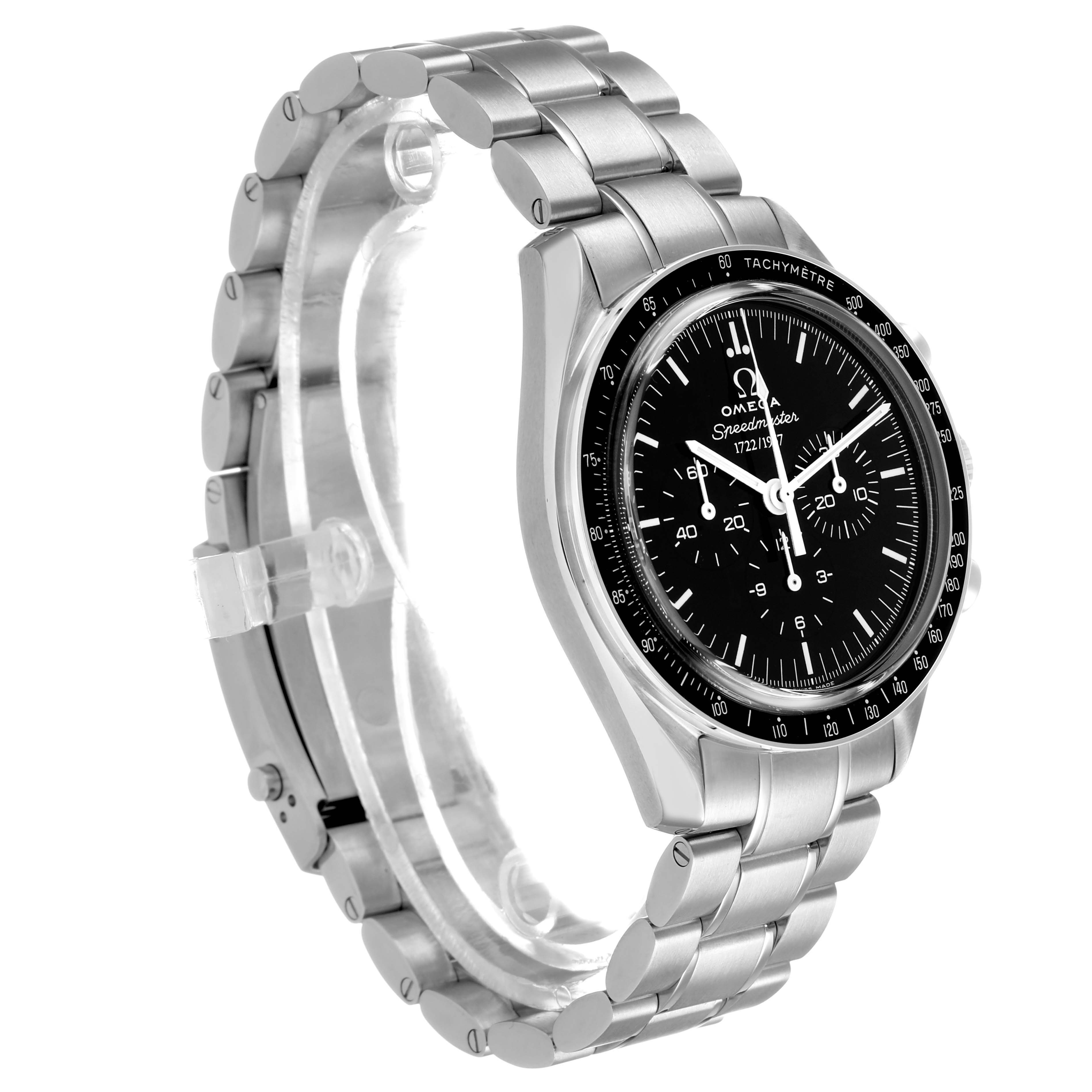 The Omega Speedmaster 311.33.42.50.01.001 Men's Stainless Steel Black Dial watch is shown at a side angle, displaying its bracelet, bezel, and dial.