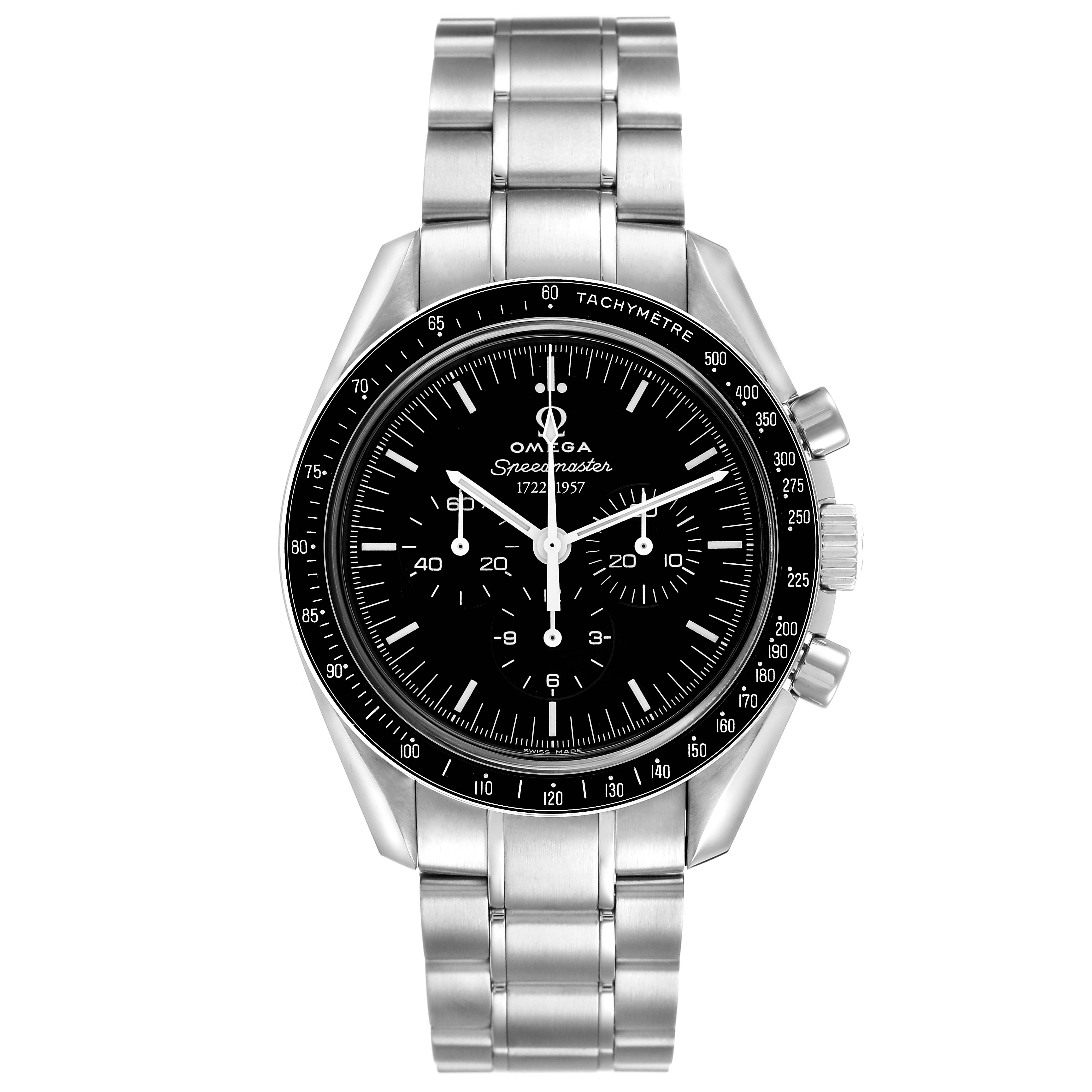 The Omega Speedmaster 311.33.42.50.01.001 Men's Stainless Steel Black Dial watch is shown from the front, displaying the face, bezel, and stainless steel bracelet.