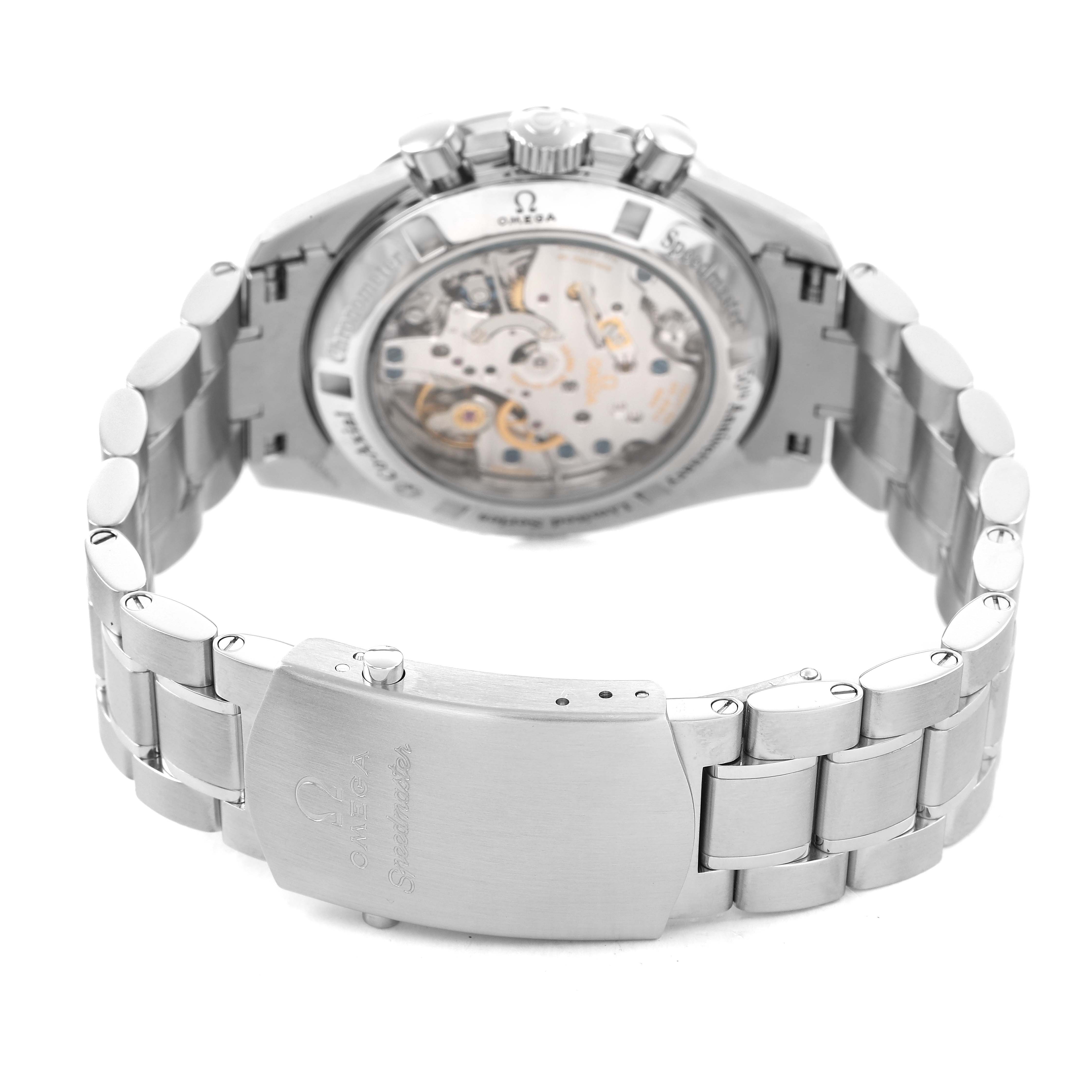 The Omega Speedmaster 311.33.42.50.01.001 Men's Stainless Steel Black Dial is shown from the rear angle, highlighting the bracelet, clasp, and transparent case back with movement.