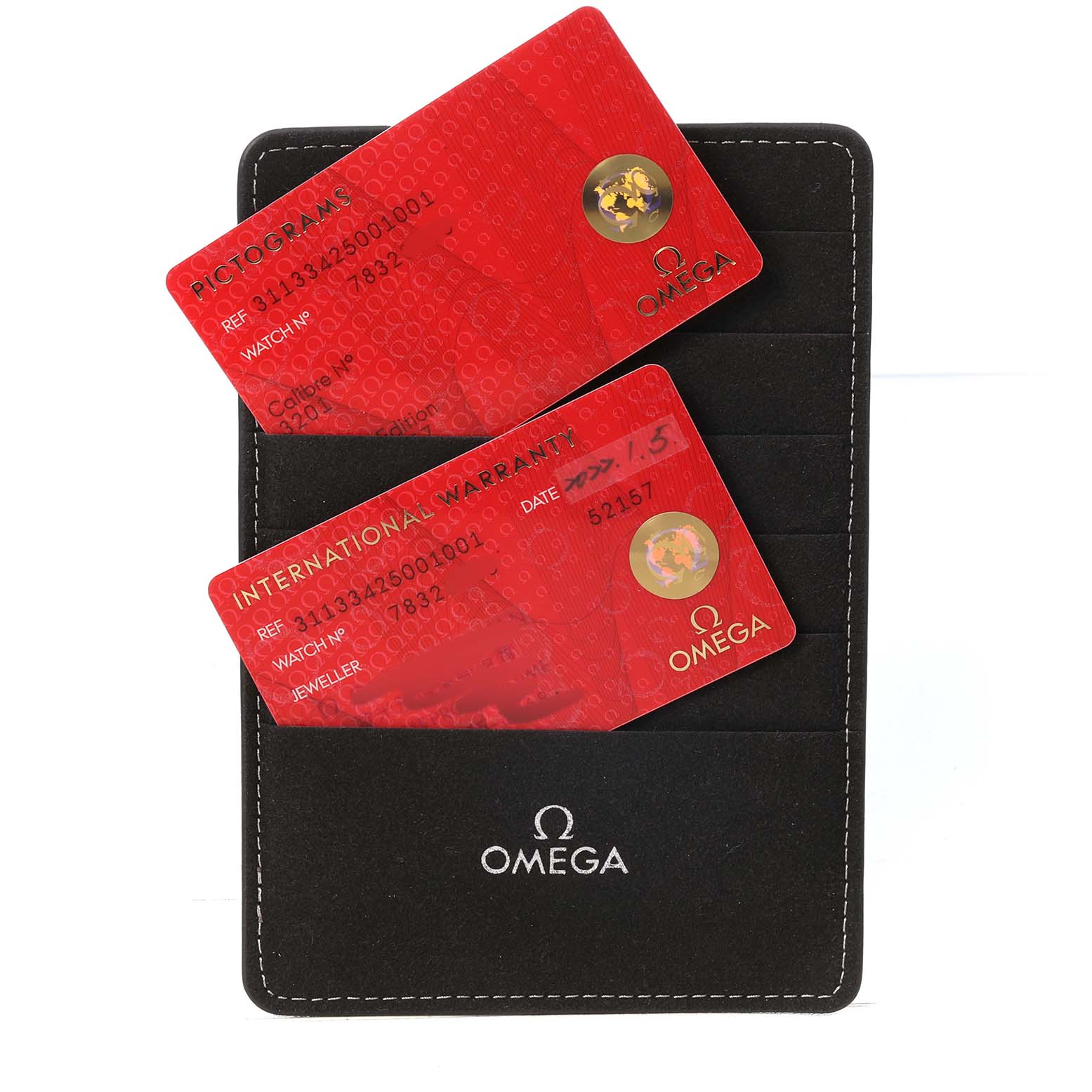 The image shows Omega Speedmaster 311.33.42.50.01.001 Men's Stainless Steel Black Dial model's red cards (Pictograms and International Warranty) placed on a black cardholder.