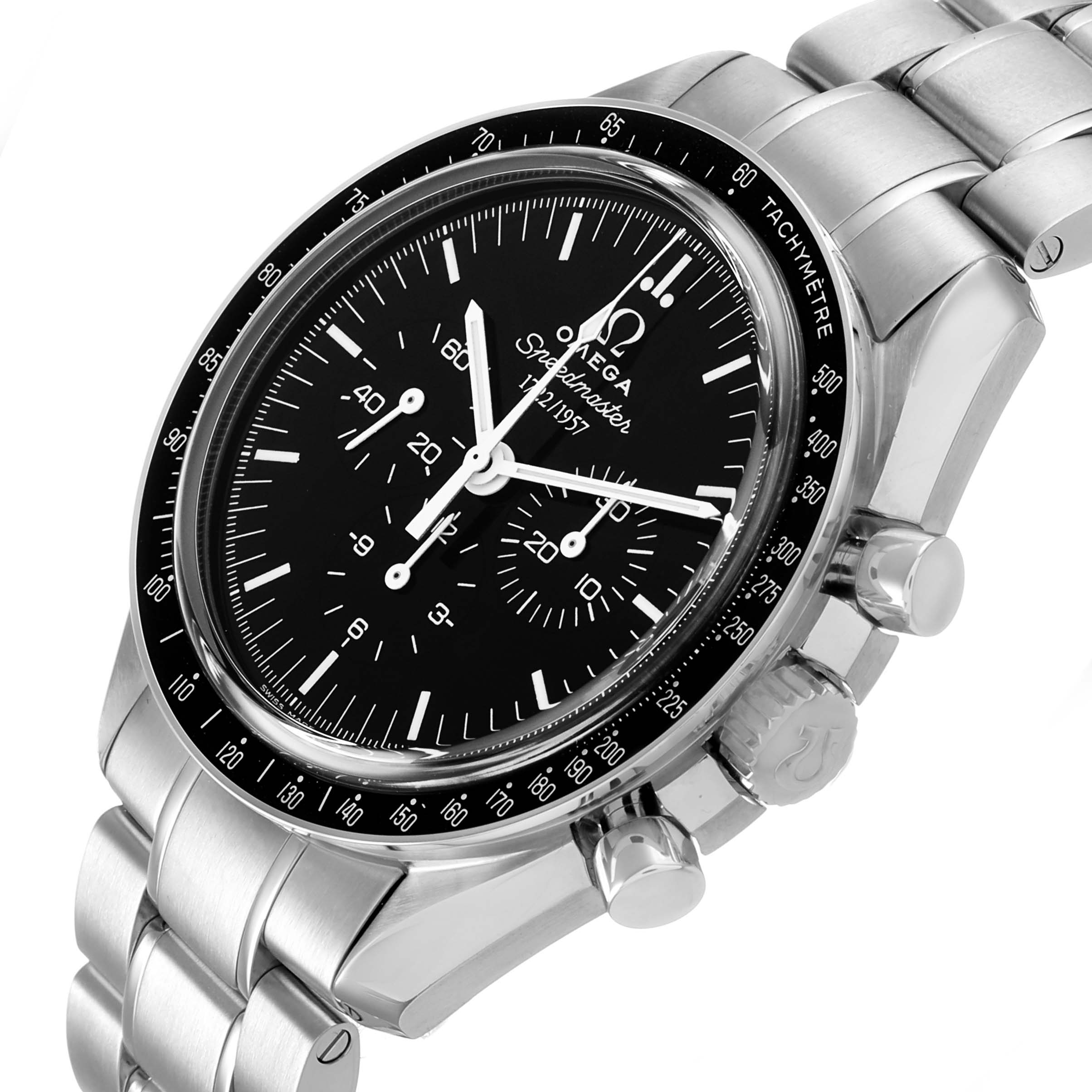 The image shows the Omega Speedmaster 311.33.42.50.01.001 Men's Stainless Steel Black Dial from a three-quarter angle, displaying the face, bezel, and stainless steel bracelet.
