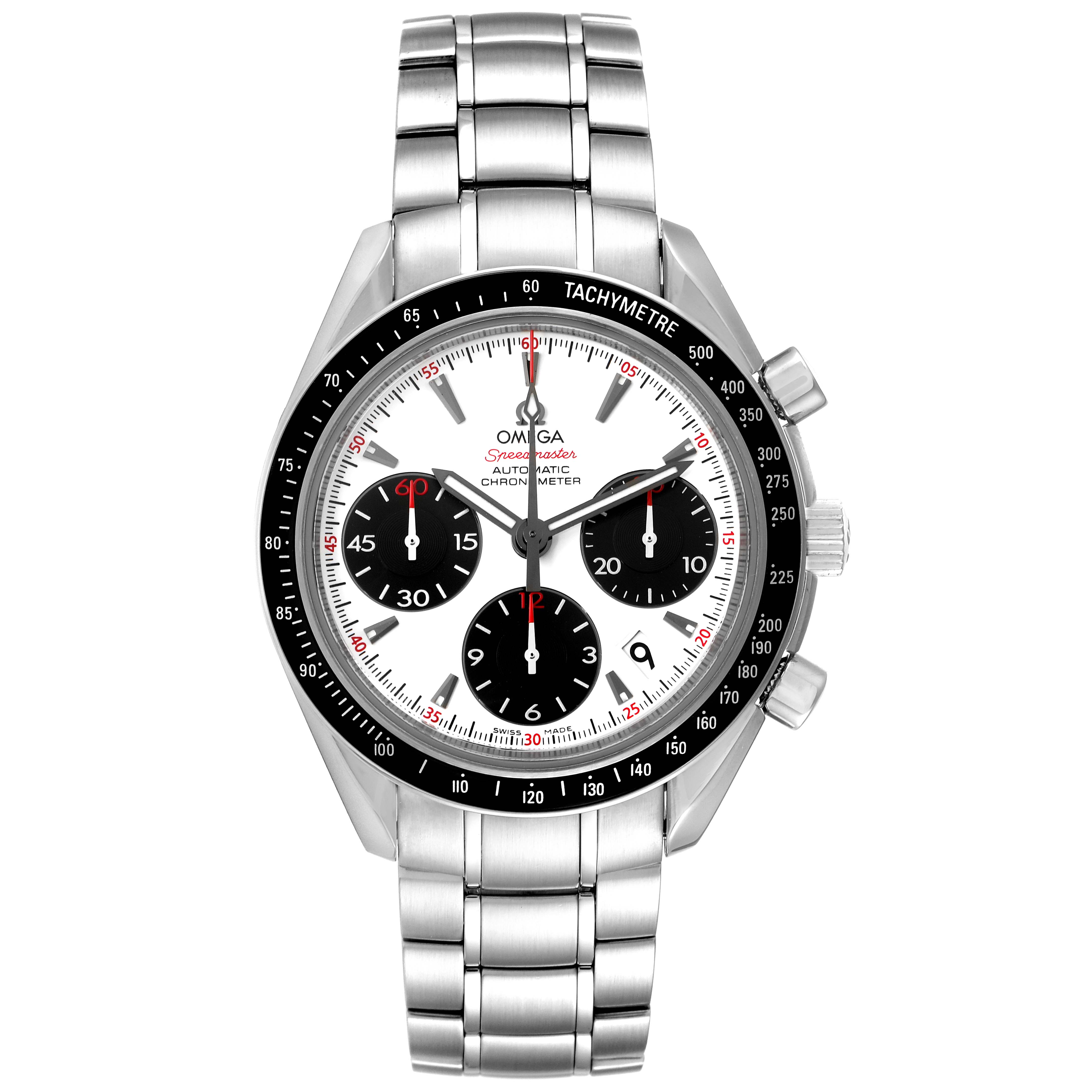 This image shows a front view of the Omega Speedmaster 323.30.40.40.04.001 Men's Stainless Steel White Dial 323.30.40.40.04.001 Men's Stainless Steel White Dial watch with its face, dial, and metallic strap visible.