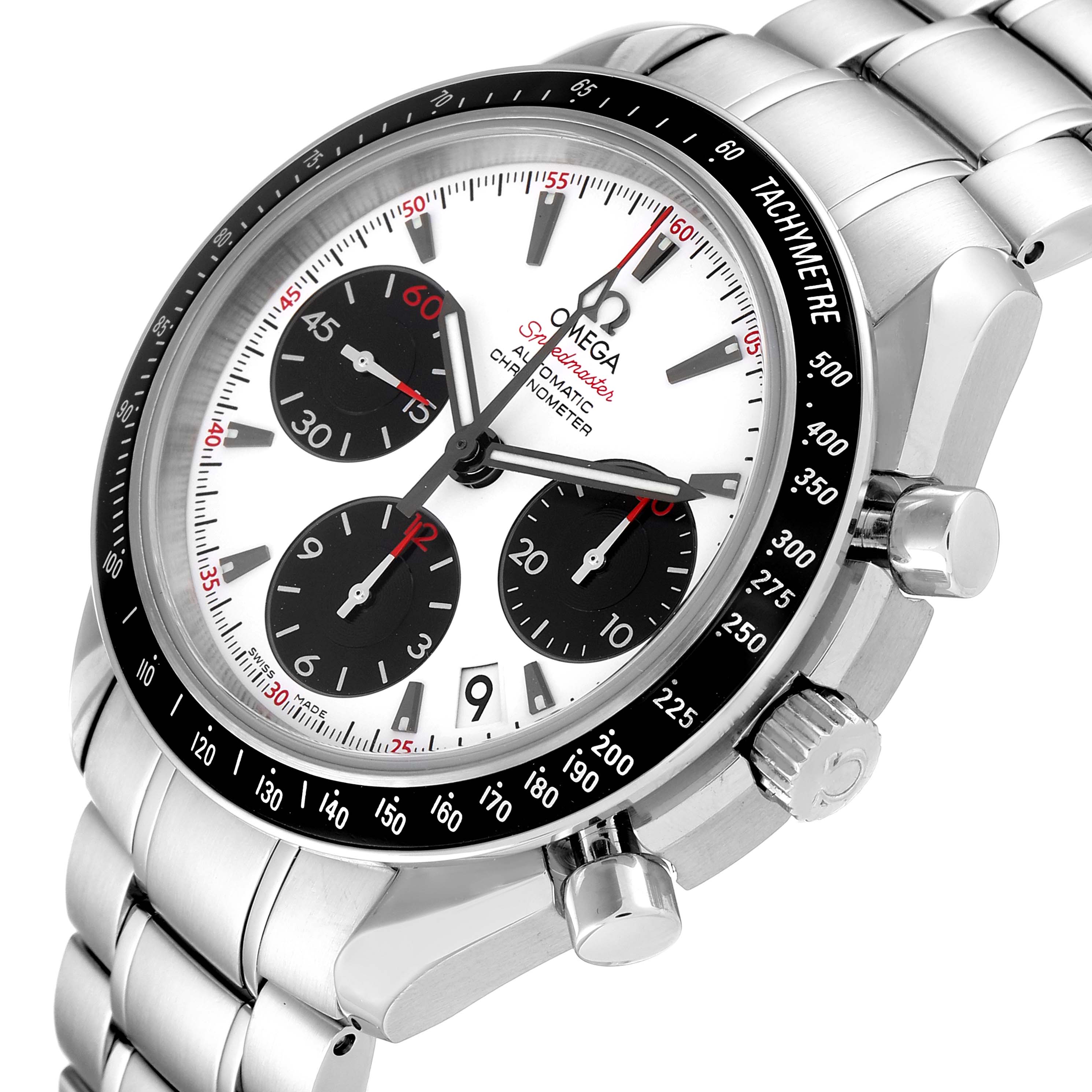 The image shows an angled view of the Omega Speedmaster 323.30.40.40.04.001 Men's Stainless Steel White Dial 323.30.40.40.04.001 Men's Stainless Steel White Dial watch, highlighting the face, bezel, chronograph subdials, and bracelet.