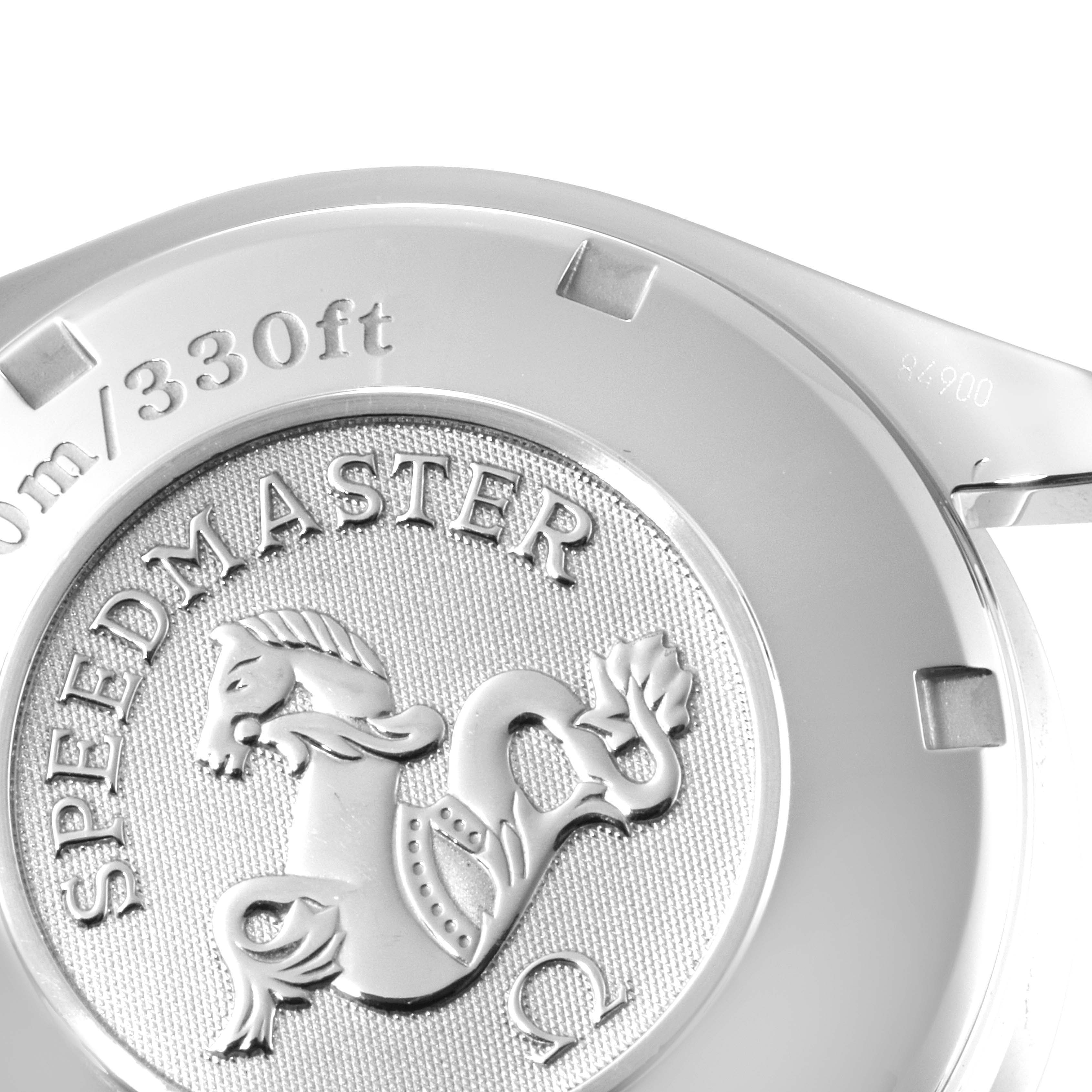 This image shows the engraved case back of an Omega Speedmaster 323.30.40.40.04.001 Men's Stainless Steel White Dial 323.30.40.40.04.001 Men's Stainless Steel White Dial watch, featuring the brand logo and water resistance specification.