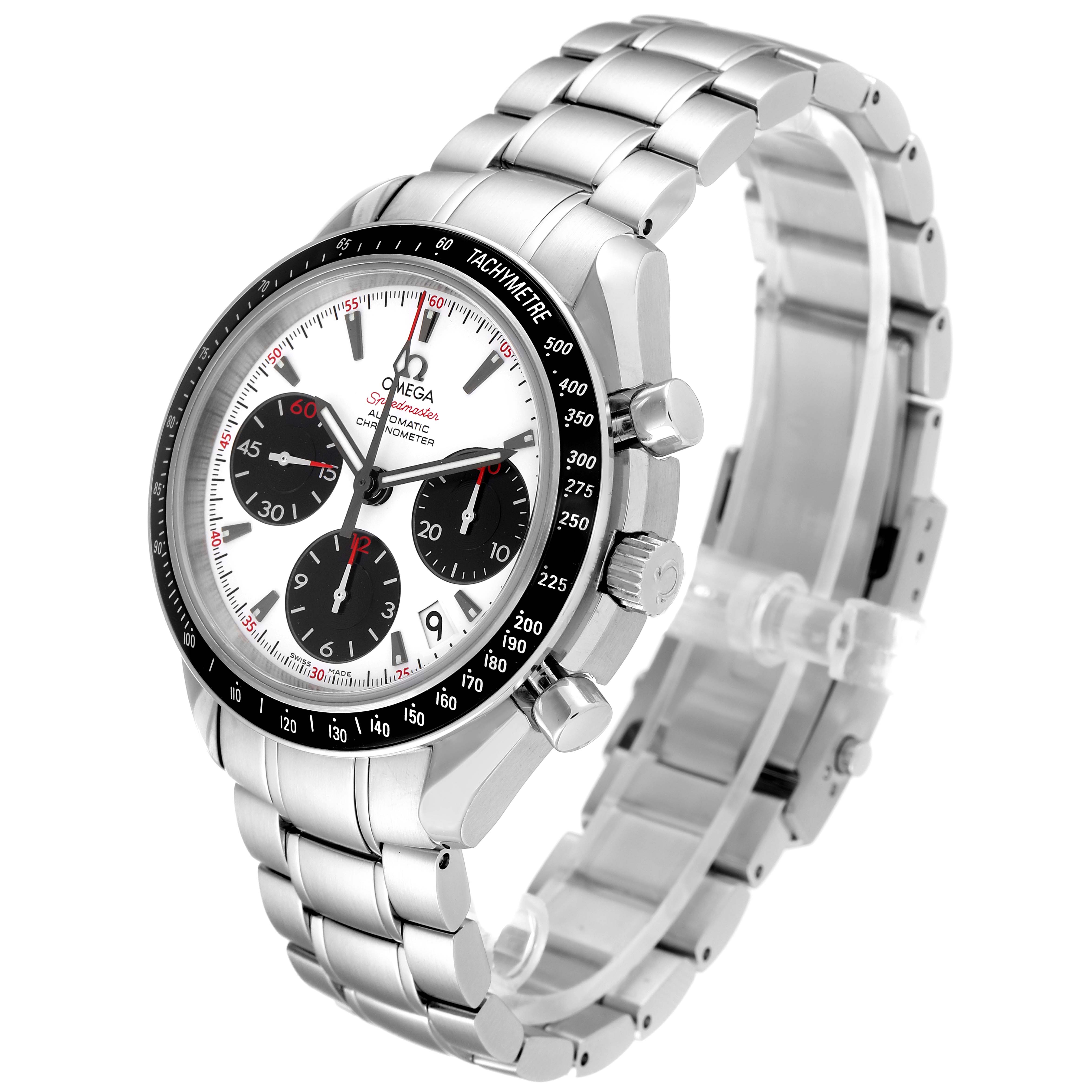 The image shows the Omega Speedmaster 323.30.40.40.04.001 Men's Stainless Steel White Dial 323.30.40.40.04.001 Men's Stainless Steel White Dial watch at a three-quarter angle, highlighting its dial, bezel, and bracelet.