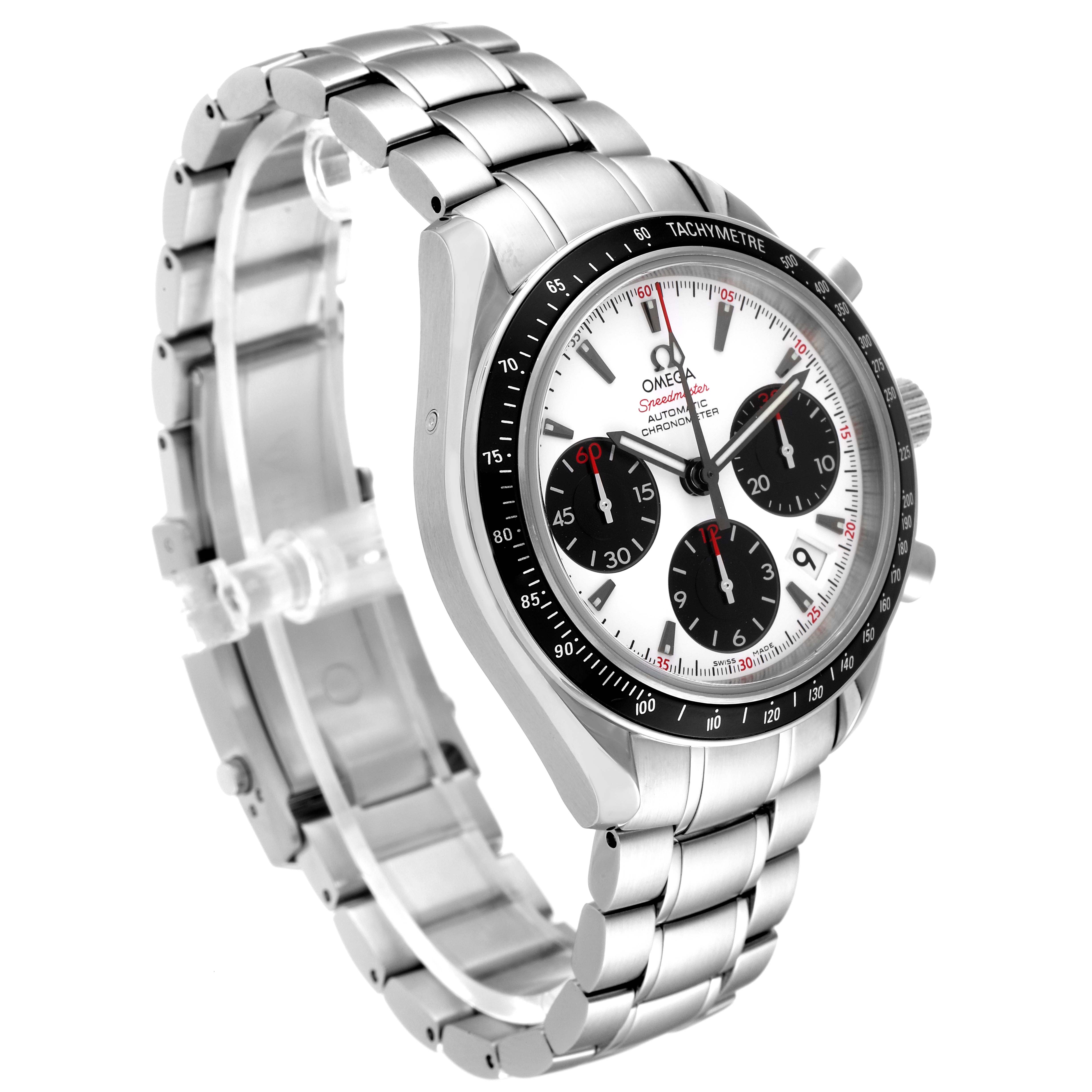 The image shows a side angle of an Omega Speedmaster 323.30.40.40.04.001 Men's Stainless Steel White Dial 323.30.40.40.04.001 Men's Stainless Steel White Dial watch, highlighting the dial, bezel, and metal bracelet.