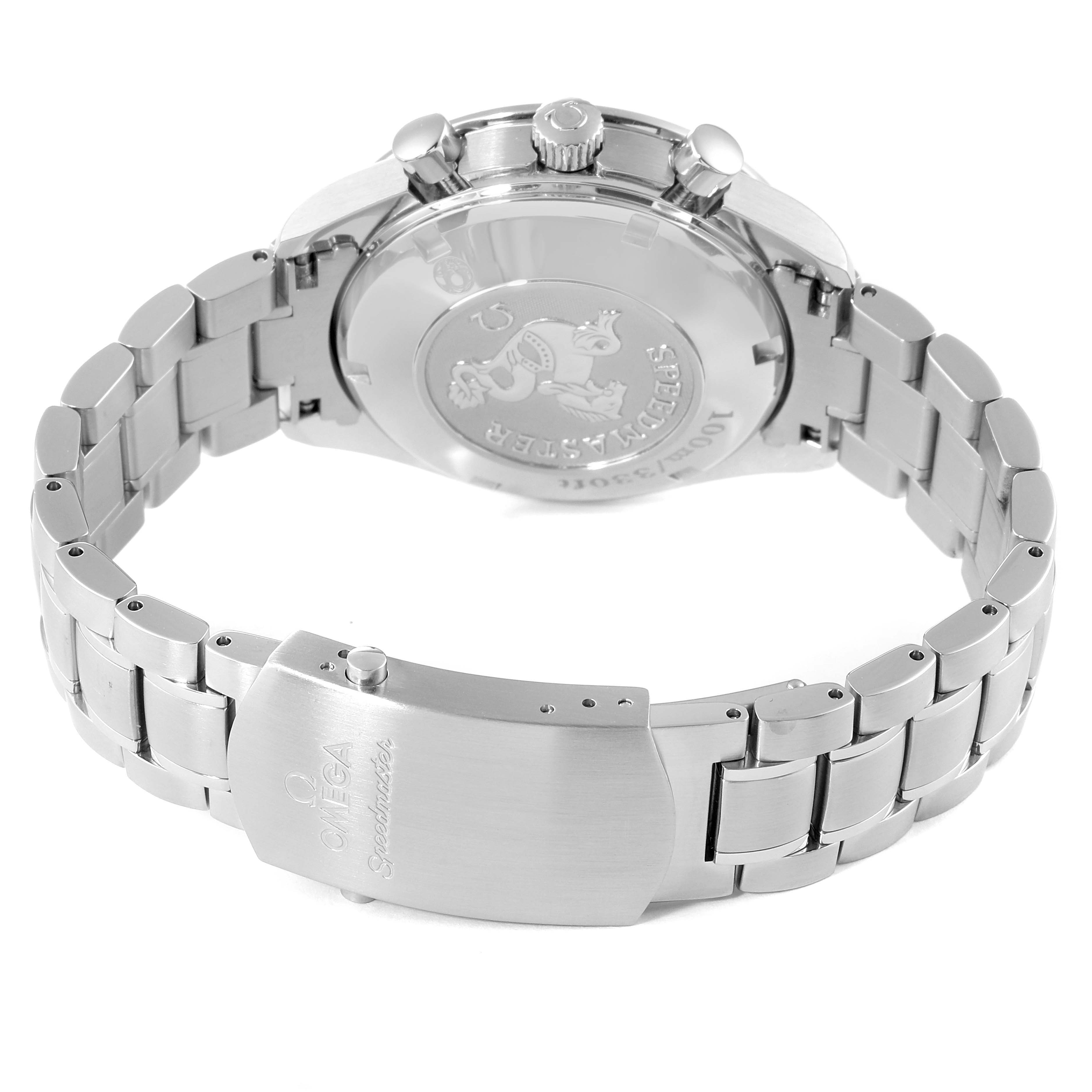 This image shows the caseback and stainless steel bracelet of an Omega Speedmaster 323.30.40.40.04.001 Men's Stainless Steel White Dial 323.30.40.40.04.001 Men's Stainless Steel White Dial watch from a rear angle.