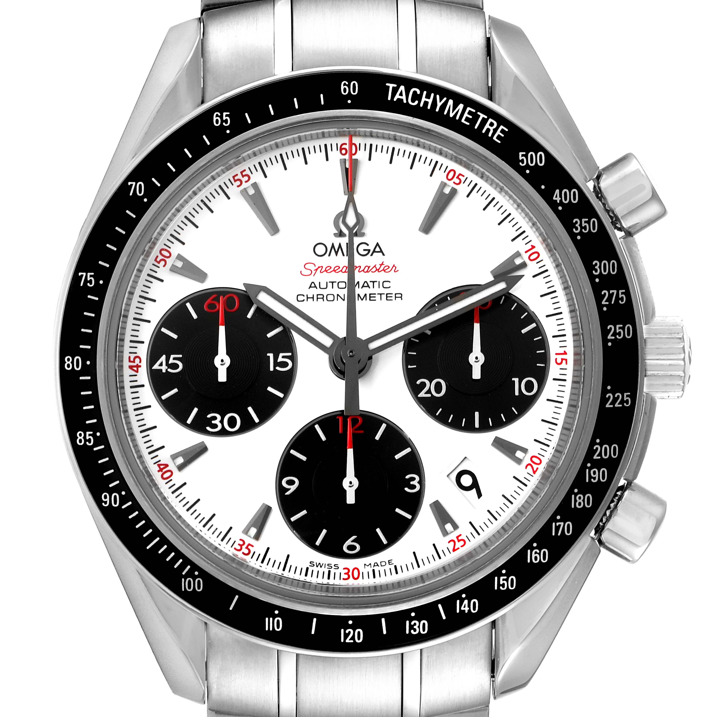 The image shows a front view of an Omega Speedmaster 323.30.40.40.04.001 Men's Stainless Steel White Dial 323.30.40.40.04.001 Men's Stainless Steel White Dial watch, highlighting its dial, subdials, bezel, and bracelet.