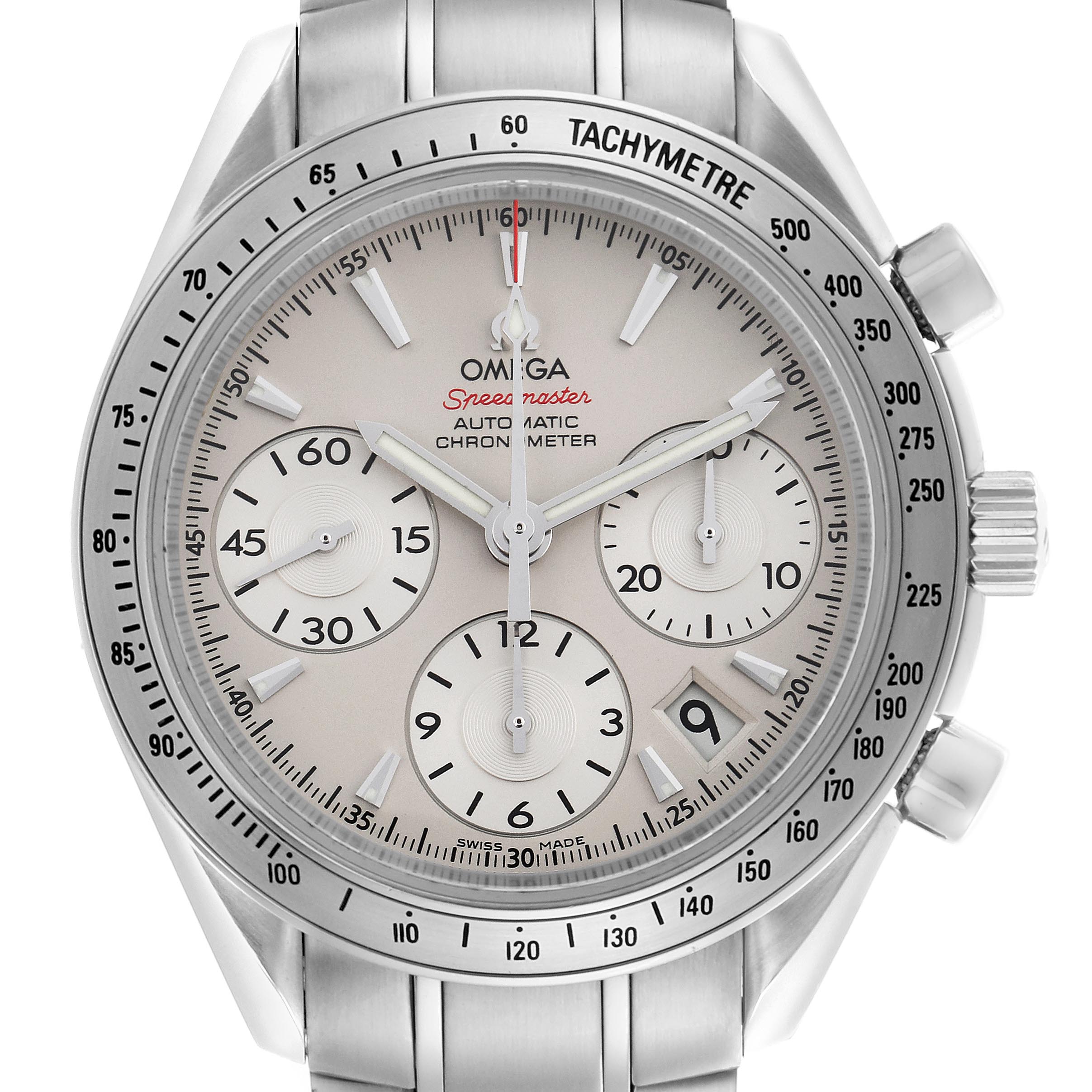 The Omega Speedmaster 323.10.40.40.02.001 Men
s Stainless Steel Silver Dial 323.10.40.40.02.001 Men
s Stainless Steel Silver Dial watch is shown from a front angle, displaying its dial, subdials, tachymeter bezel, and part of the bracelet.