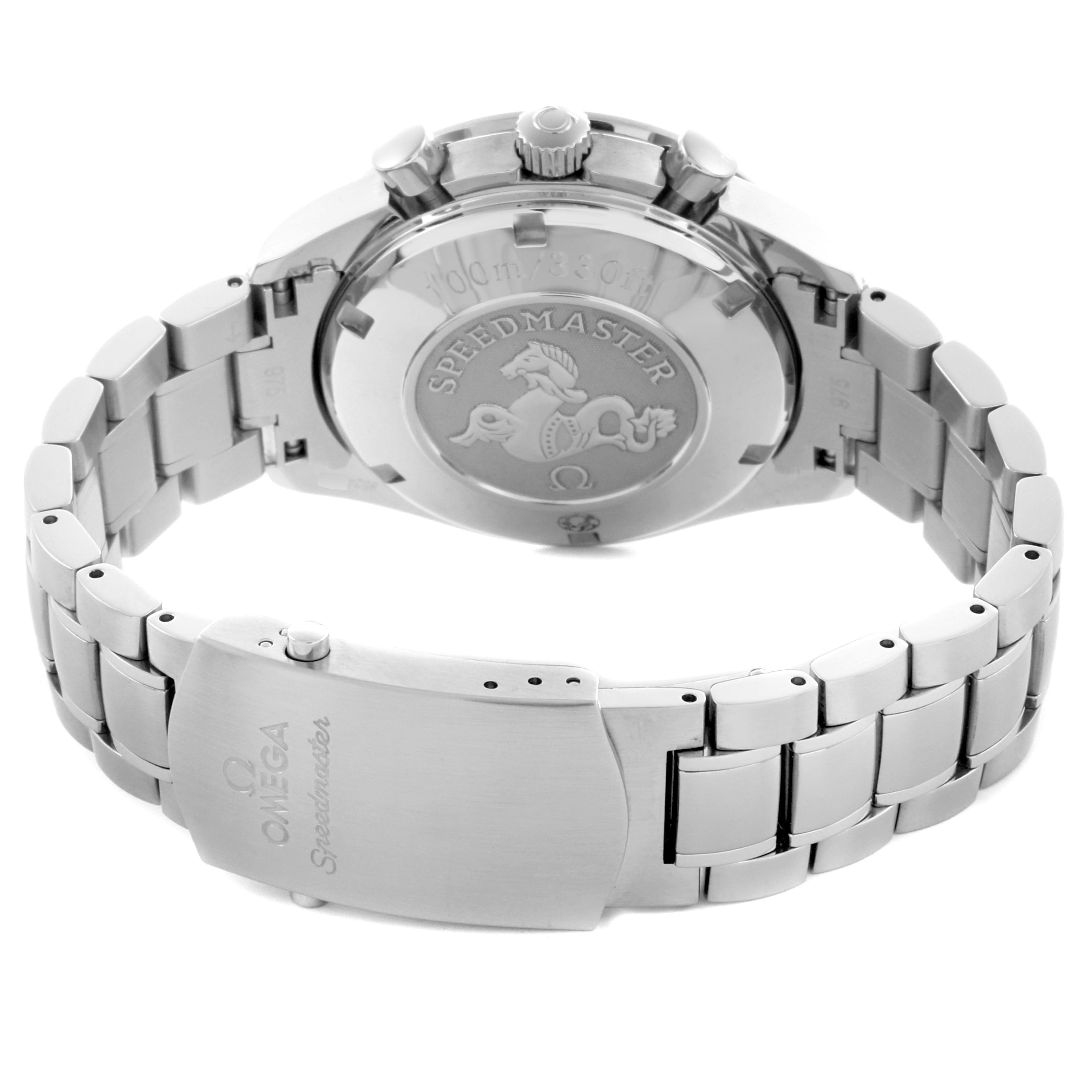 The image shows an Omega Speedmaster 323.10.40.40.02.001 Men
s Stainless Steel Silver Dial 323.10.40.40.02.001 Men
s Stainless Steel Silver Dial watch from the back, displaying the case back, bracelet, and clasp.