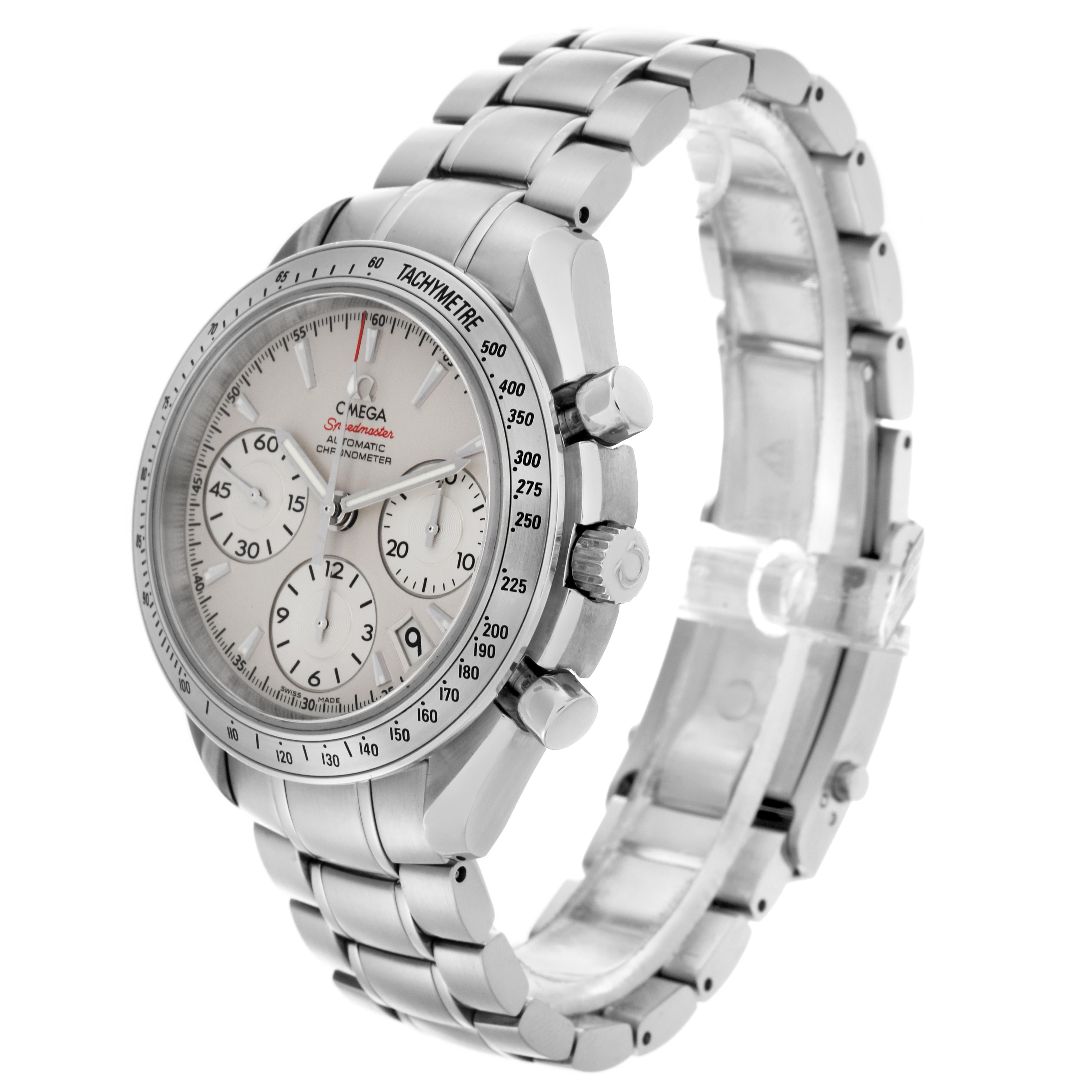 The Omega Speedmaster 323.10.40.40.02.001 Men
s Stainless Steel Silver Dial 323.10.40.40.02.001 Men
s Stainless Steel Silver Dial watch is shown from a three-quarter view, highlighting the face, bezel, chronograph pushers, and bracelet.
