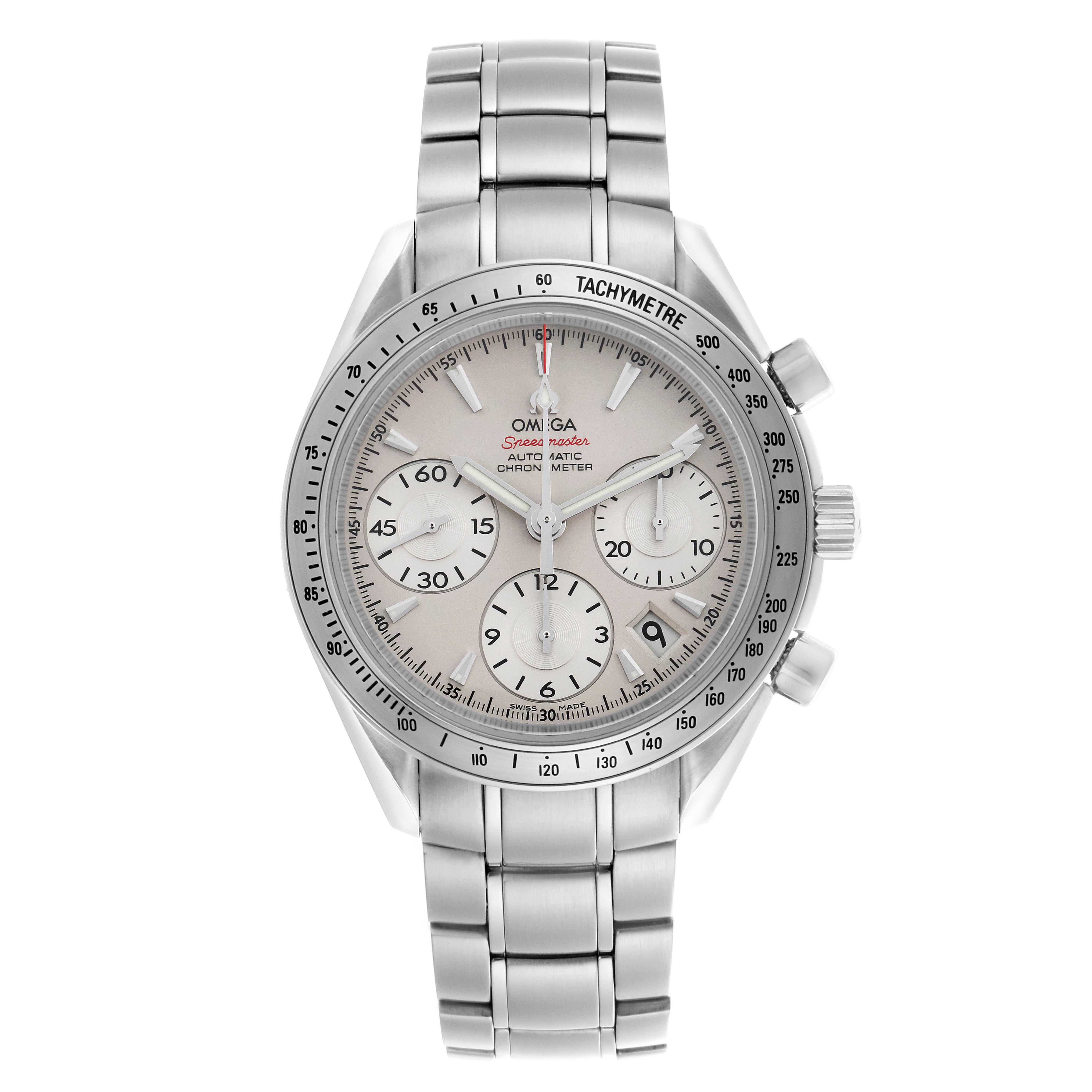 The Omega Speedmaster 323.10.40.40.02.001 Men
s Stainless Steel Silver Dial 323.10.40.40.02.001 Men
s Stainless Steel Silver Dial watch is shown from the front, highlighting the dial, bezel, bracelet, and chronograph features.