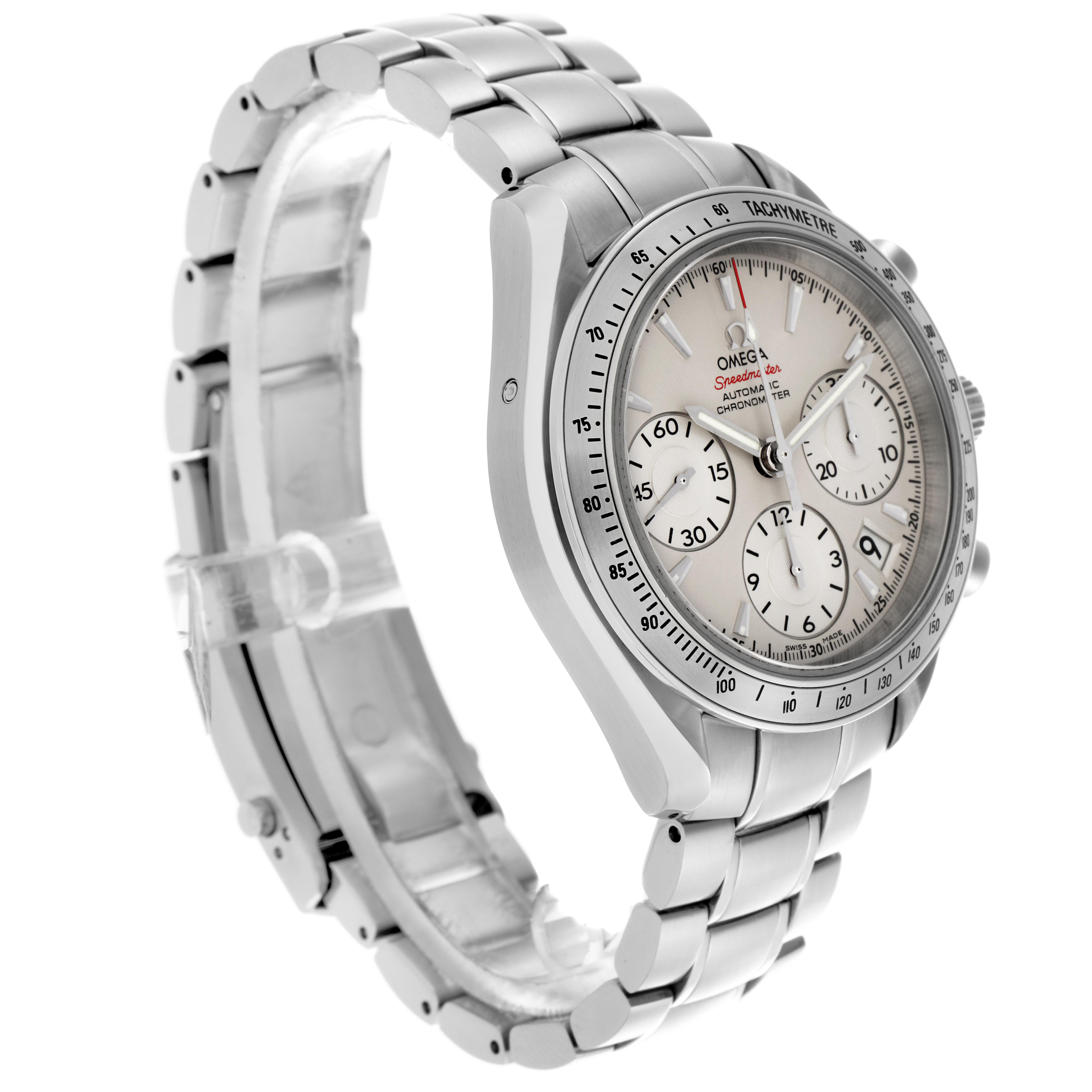 The Omega Speedmaster 323.10.40.40.02.001 Men
s Stainless Steel Silver Dial 323.10.40.40.02.001 Men
s Stainless Steel Silver Dial watch is shown from a side angle, displaying its bracelet, bezel, and face with subdials.