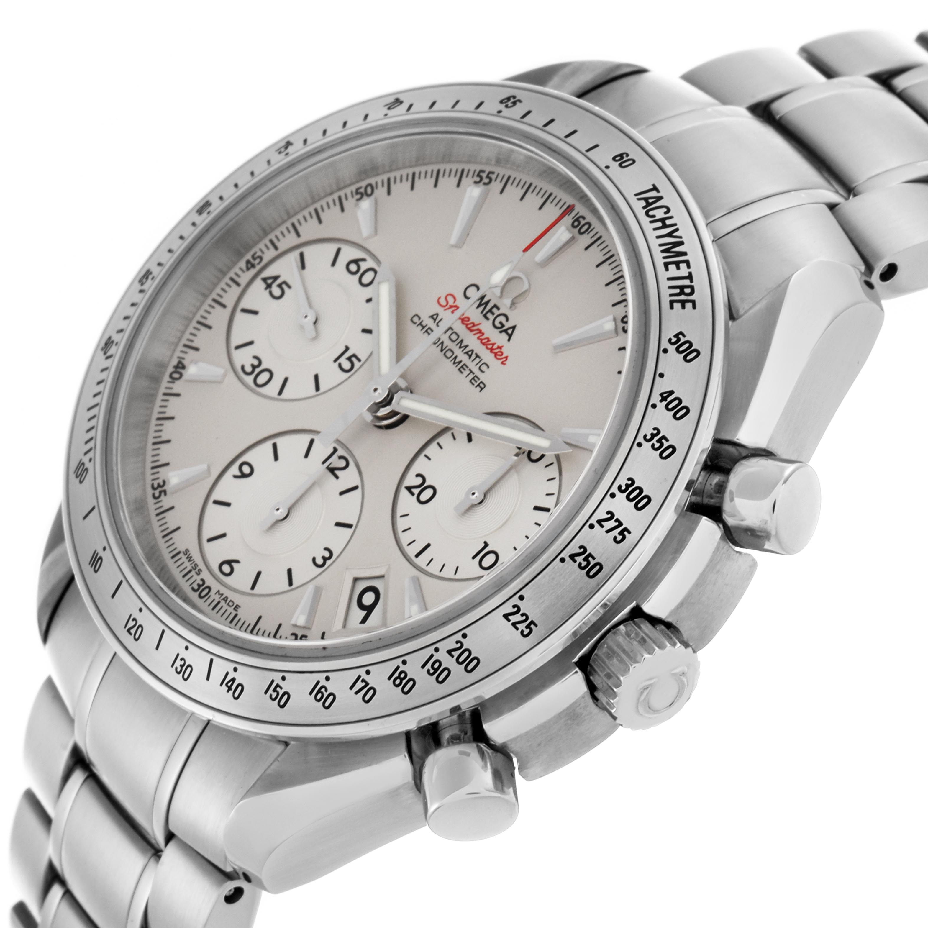 The image shows an Omega Speedmaster 323.10.40.40.02.001 Men
s Stainless Steel Silver Dial 323.10.40.40.02.001 Men
s Stainless Steel Silver Dial watch at a slight side angle, highlighting the tachymeter bezel, subdials, crown, and pushers.