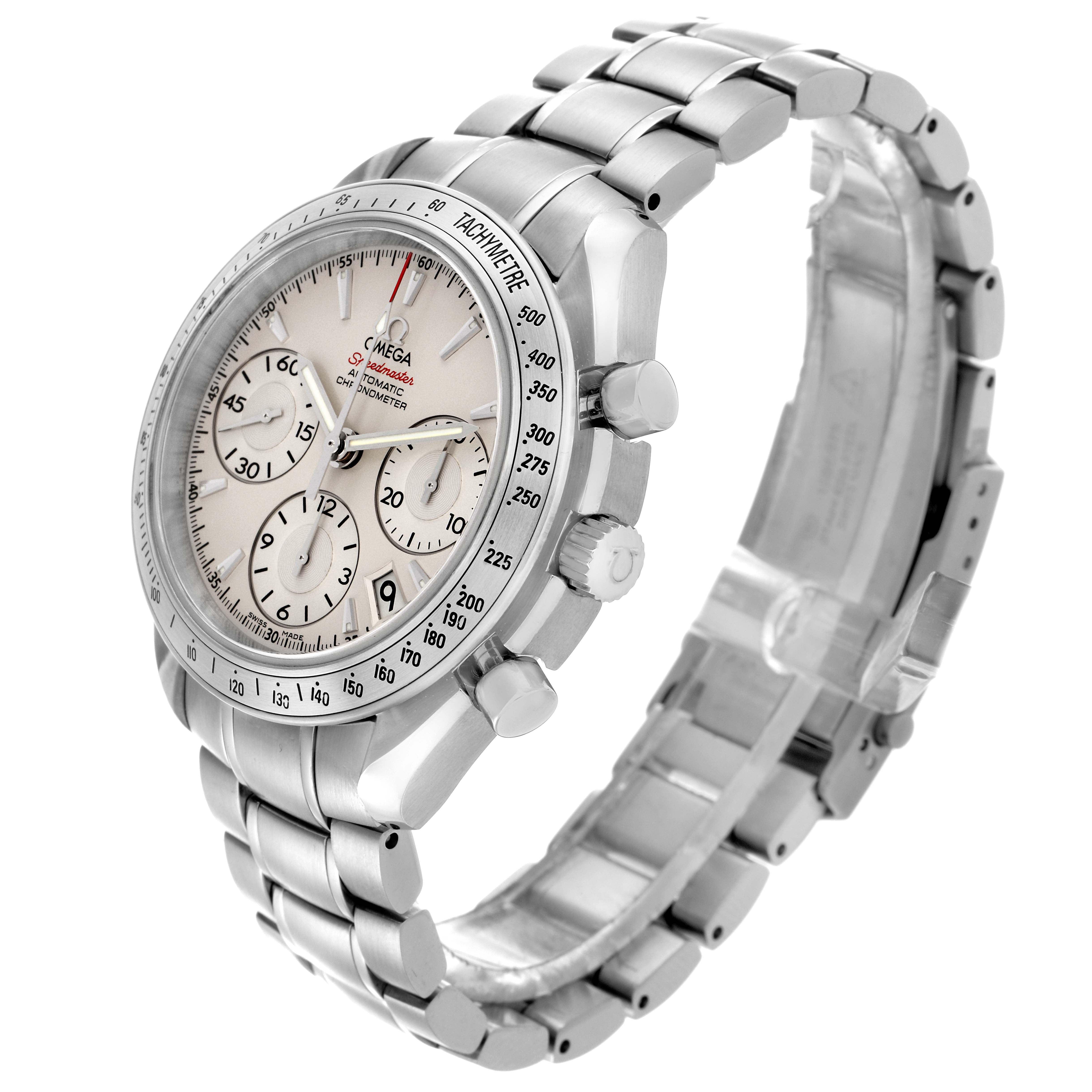 The Omega Speedmaster 323.10.40.40.02.001 Men
s Stainless Steel Silver Dial 323.10.40.40.02.001 Men
s Stainless Steel Silver Dial watch is shown at a three-quarter angle, displaying the face, bezel, crown, pushers, and metal bracelet.