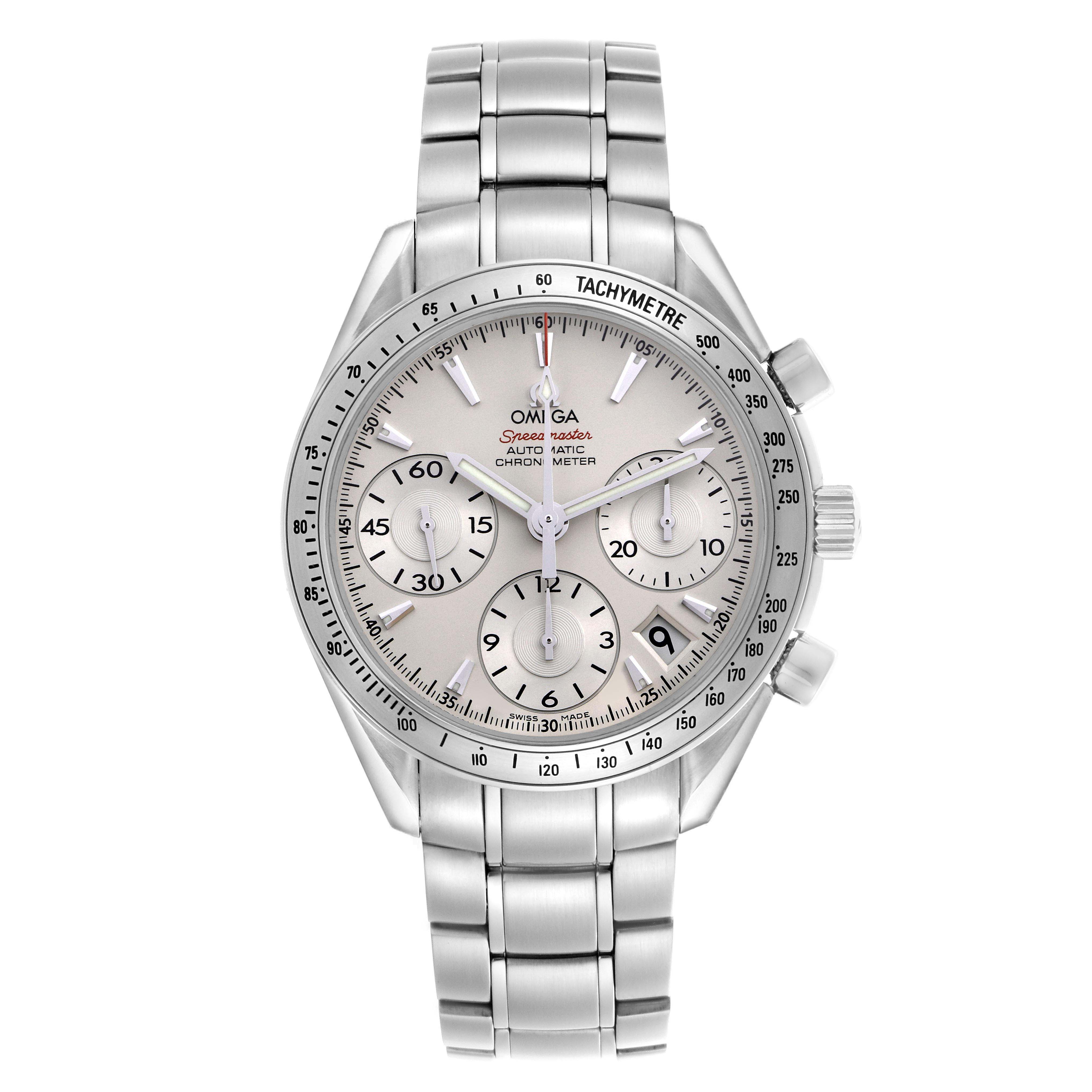 The Omega Speedmaster 323.10.40.40.02.001 Men
s Stainless Steel Silver Dial 323.10.40.40.02.001 Men
s Stainless Steel Silver Dial watch is shown from a front angle, highlighting the dial, bezel, bracelet, and side buttons.