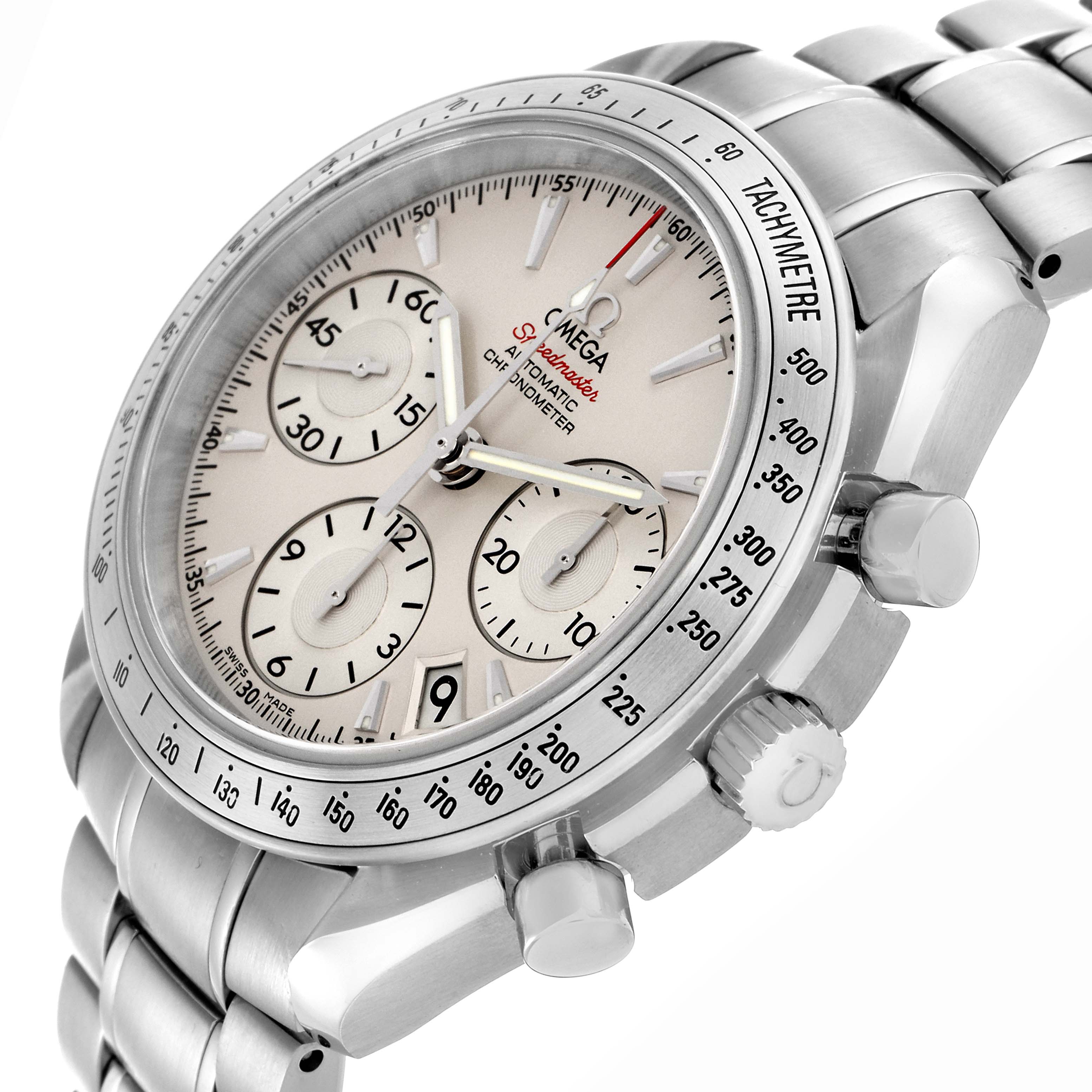 The Omega Speedmaster 323.10.40.40.02.001 Men
s Stainless Steel Silver Dial 323.10.40.40.02.001 Men
s Stainless Steel Silver Dial watch is shown at an angled side view, displaying the dial, tachymeter bezel, crown, pushers, and bracelet.