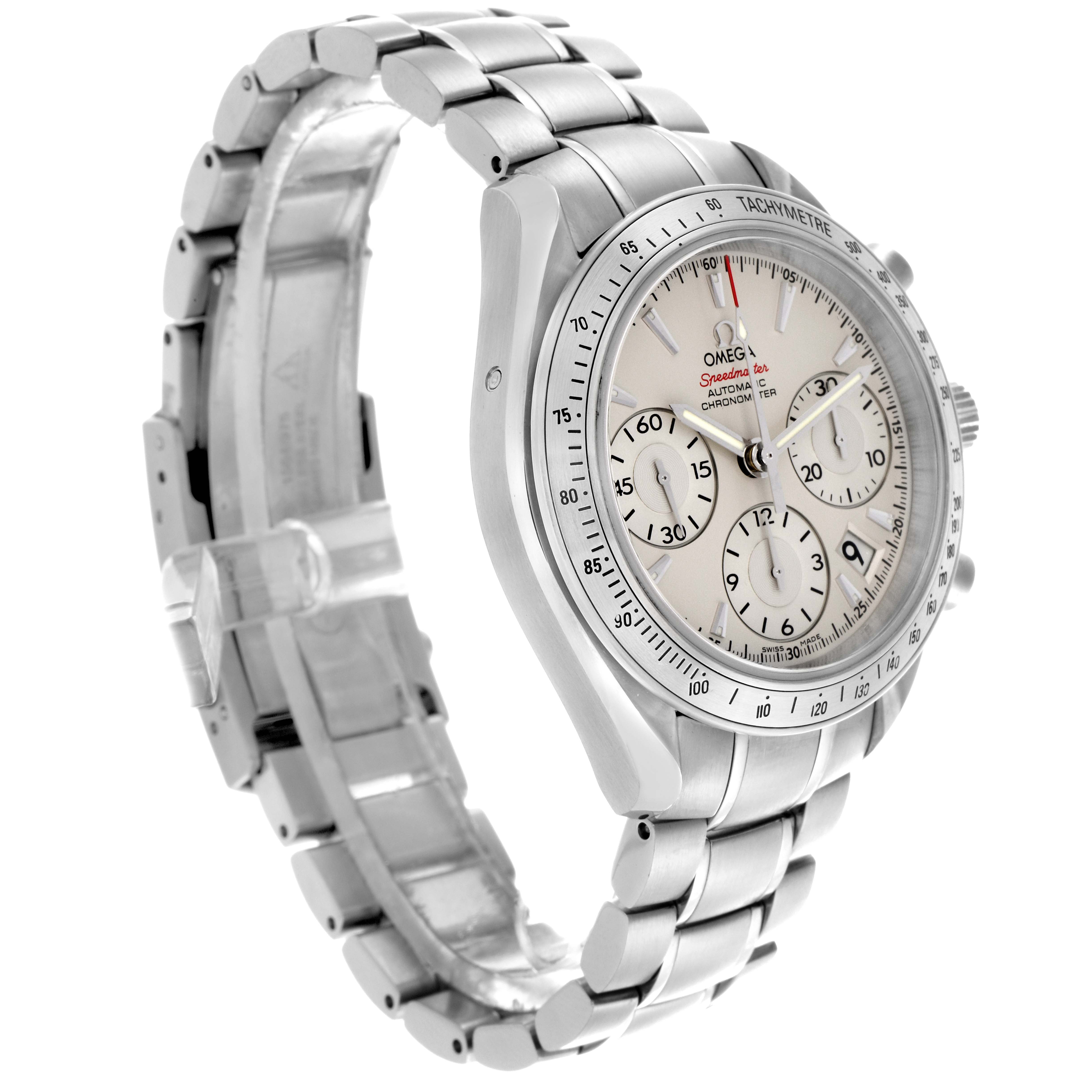 The Omega Speedmaster 323.10.40.40.02.001 Men
s Stainless Steel Silver Dial 323.10.40.40.02.001 Men
s Stainless Steel Silver Dial watch is shown at a slight angle, highlighting its stainless steel case, bezel, bracelet, and dial.