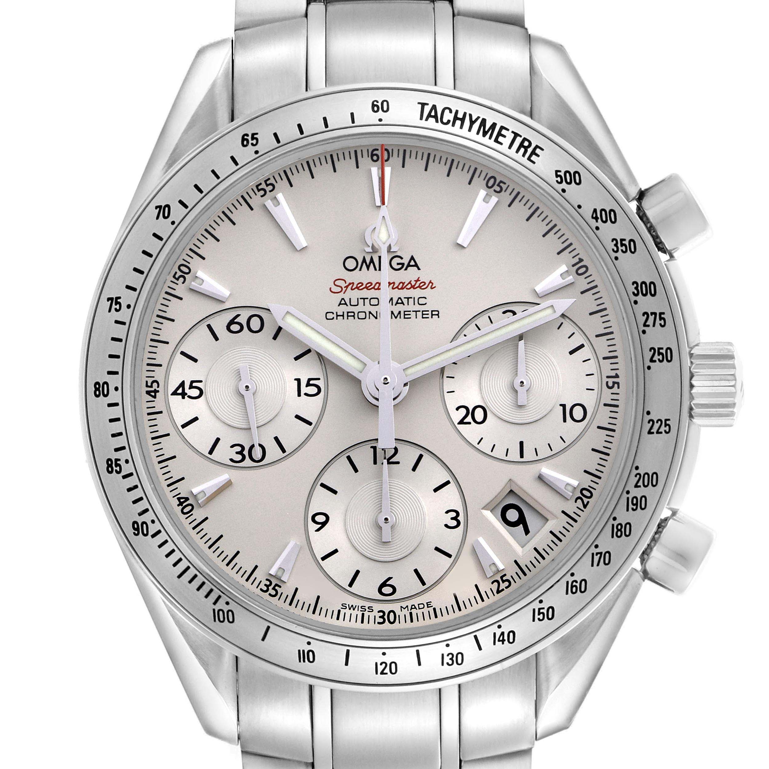 The Omega Speedmaster 323.10.40.40.02.001 Men
s Stainless Steel Silver Dial 323.10.40.40.02.001 Men
s Stainless Steel Silver Dial watch is shown from the front, displaying the face, subdials, tachymeter bezel, and part of the bracelet.