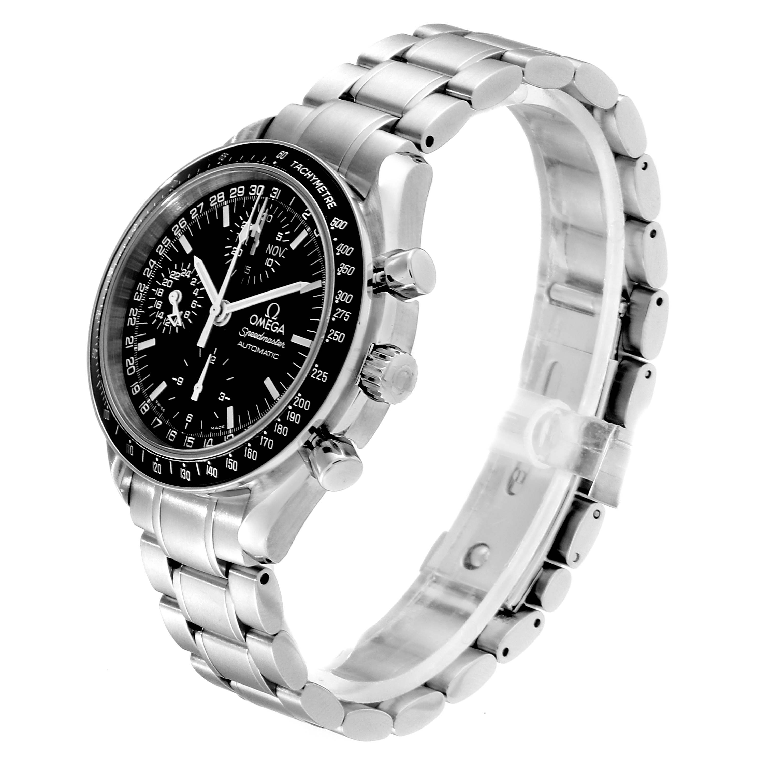 The image shows a side and angled view of an Omega Speedmaster 3520.50.00 Men
s Stainless Steel Black Dial 3520.50.00 Men
s Stainless Steel Black Dial watch, highlighting the face, bezel, crown, and bracelet.