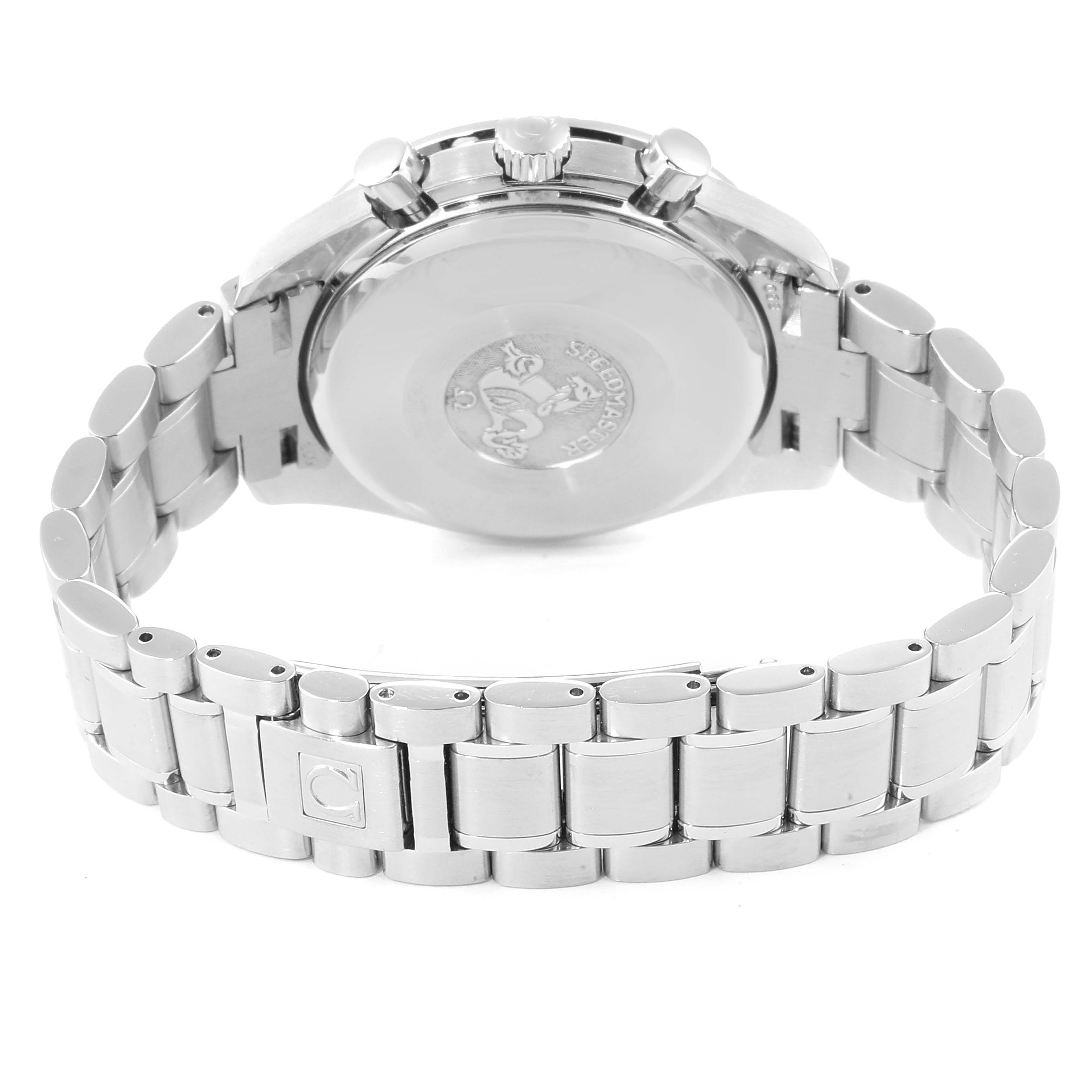 The image shows the back and bracelet of an Omega Speedmaster 3523.30.00 Men
s Stainless Steel Silver Dial 3523.30.00 Men
s Stainless Steel Silver Dial watch from a rear angle.