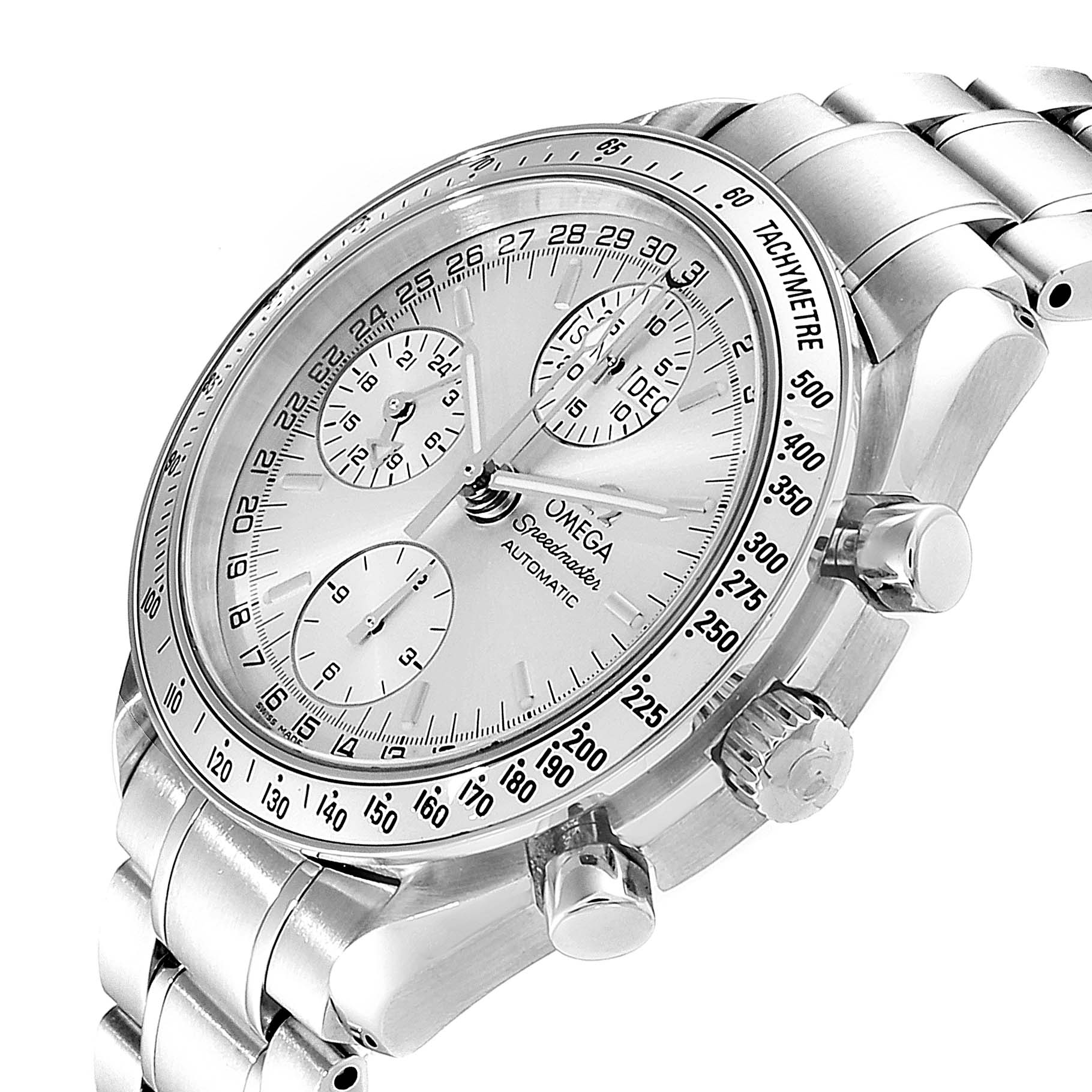 This image shows a close-up angle of an Omega Speedmaster 3523.30.00 Men
s Stainless Steel Silver Dial 3523.30.00 Men
s Stainless Steel Silver Dial, highlighting its face, bezel, pushers, and bracelet.
