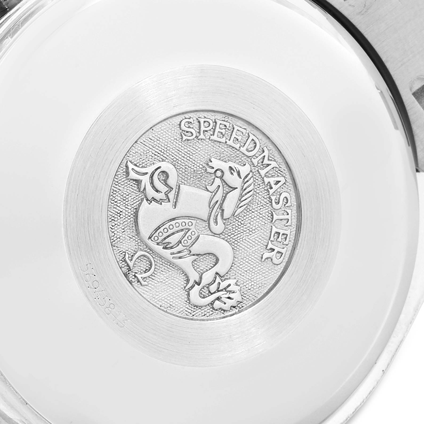 The image shows the engraved case back of an Omega Speedmaster 3523.30.00 Men
s Stainless Steel Silver Dial 3523.30.00 Men
s Stainless Steel Silver Dial watch featuring a seahorse emblem and the model name "Speedmaster."