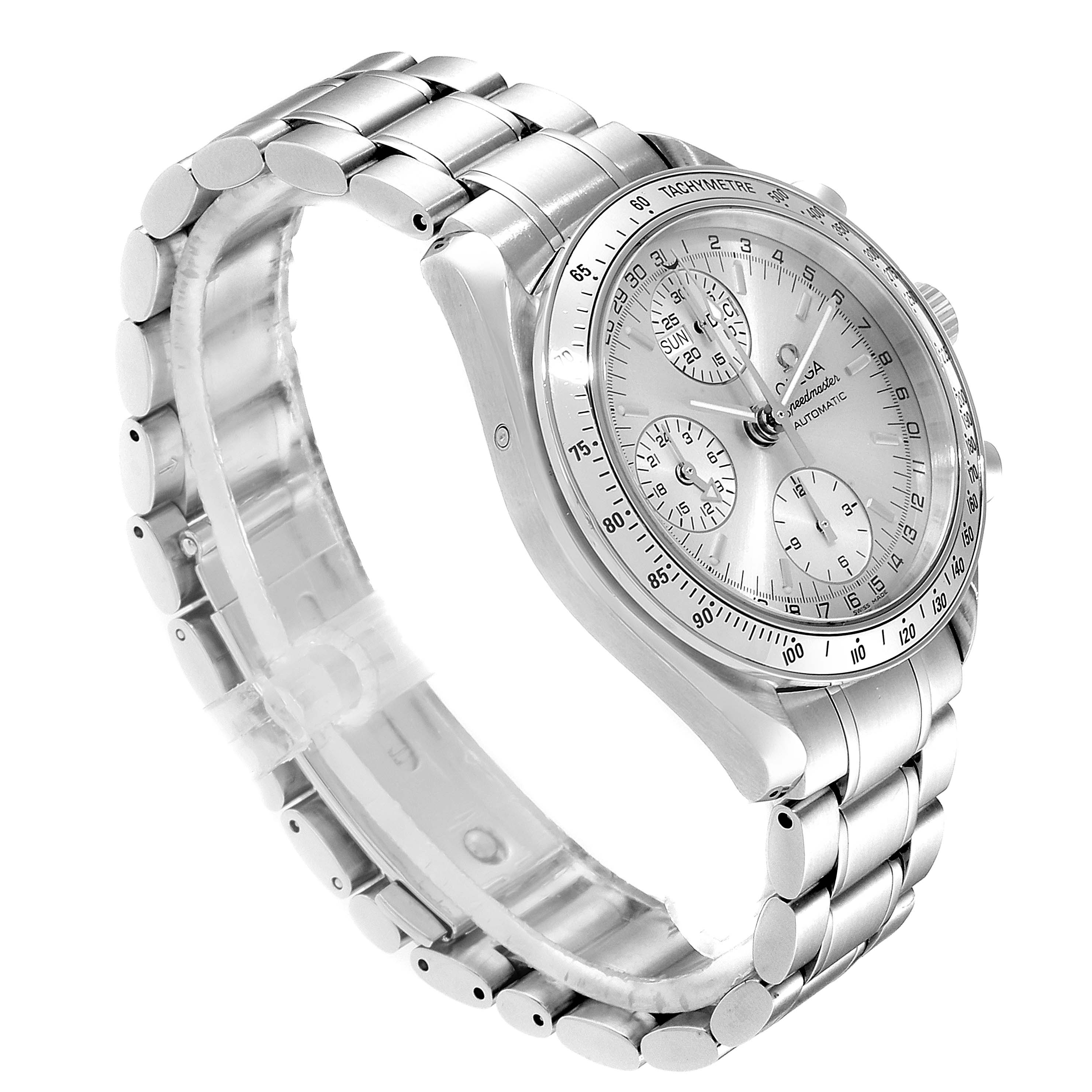 The Omega Speedmaster 3523.30.00 Men
s Stainless Steel Silver Dial 3523.30.00 Men
s Stainless Steel Silver Dial watch is shown at a three-quarter angle, highlighting the dial and metal bracelet.