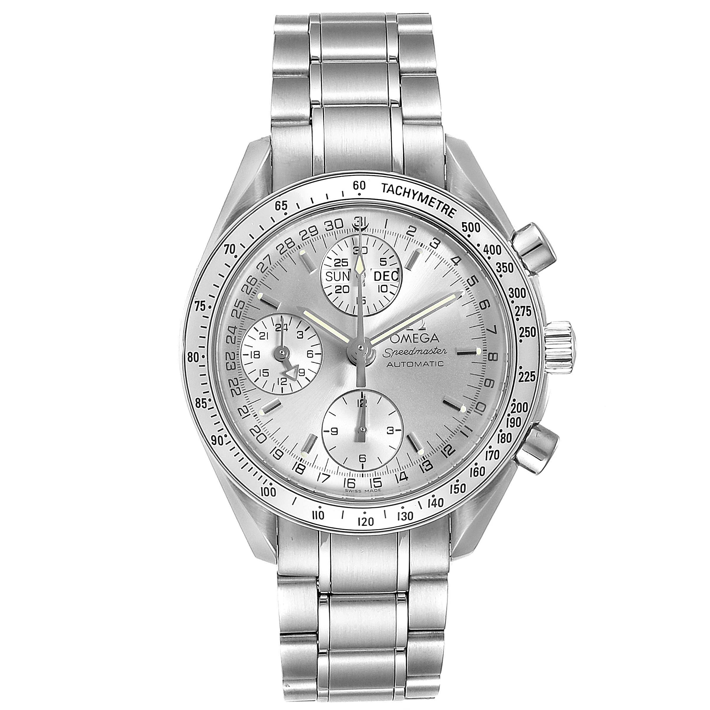 The image shows a frontal view of an Omega Speedmaster 3523.30.00 Men
s Stainless Steel Silver Dial 3523.30.00 Men
s Stainless Steel Silver Dial watch with a metal bracelet and tachymeter bezel.